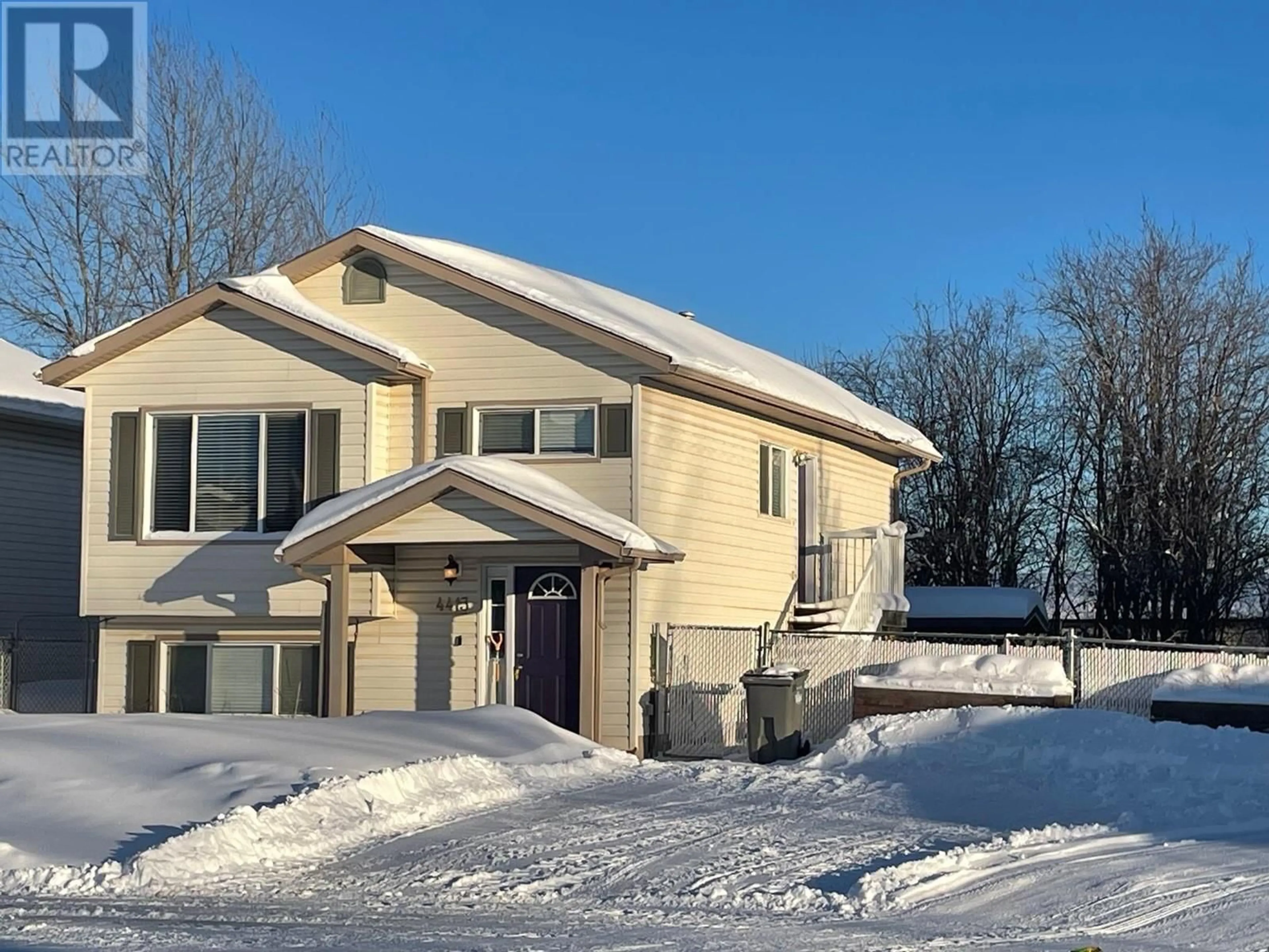 Home with vinyl exterior material, street for 4413 HERITAGE CRESCENT, Fort Nelson British Columbia V0C1R0