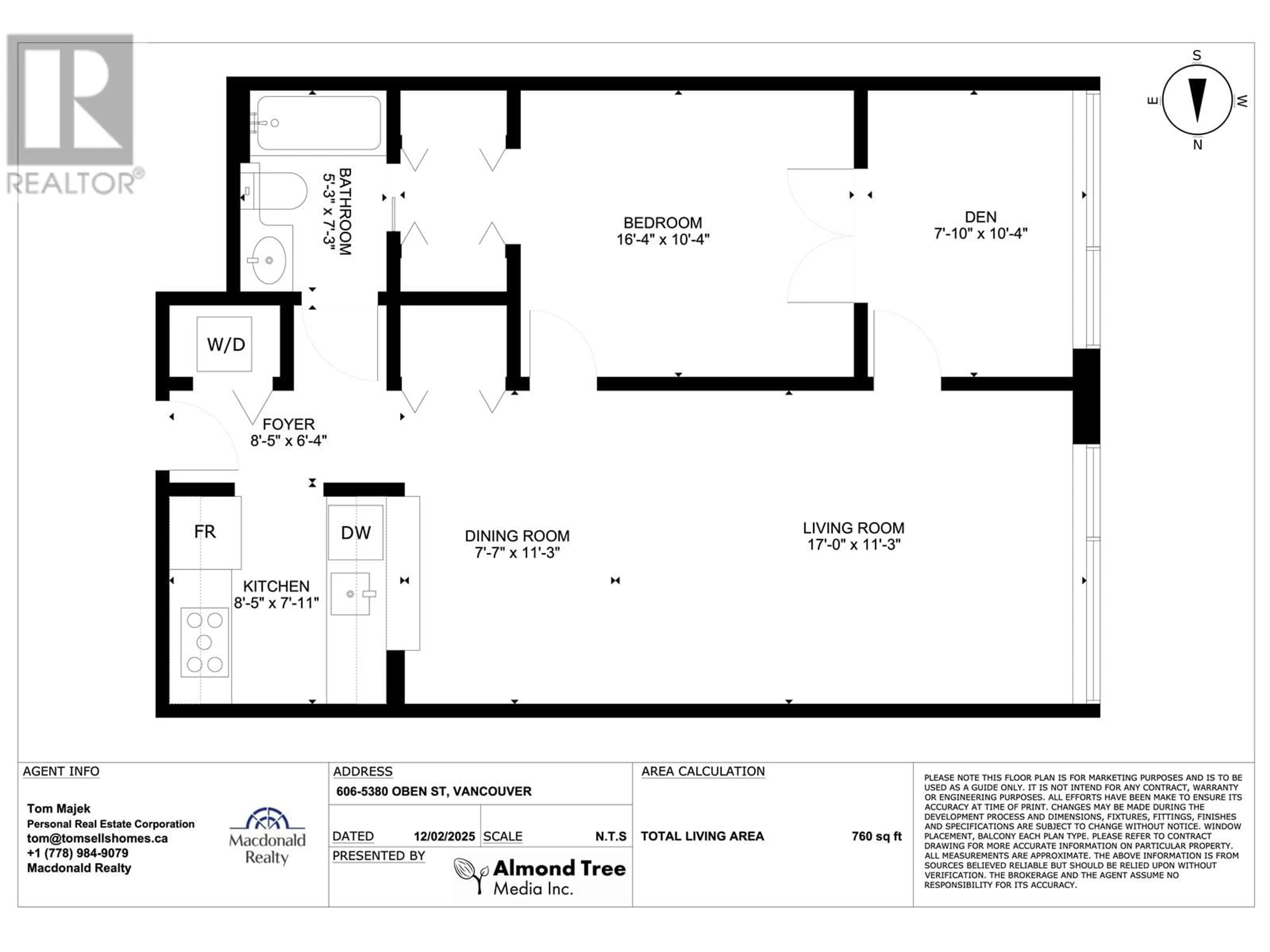 Floor plan for 606 5380 OBEN STREET, Vancouver British Columbia V5R6H7