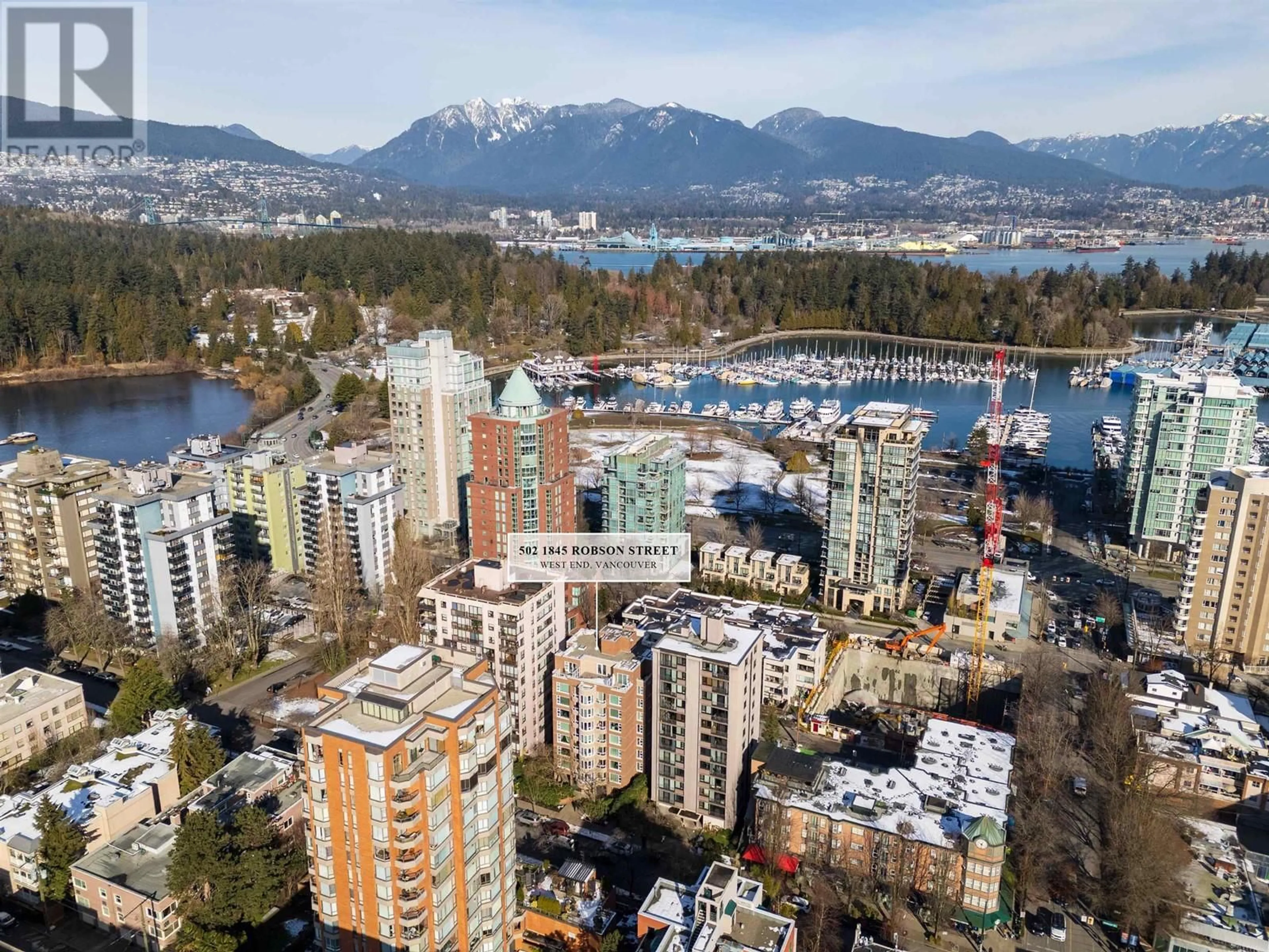 A pic from outside/outdoor area/front of a property/back of a property/a pic from drone, city buildings view from balcony for 502 1845 ROBSON STREET, Vancouver British Columbia V6G1E4