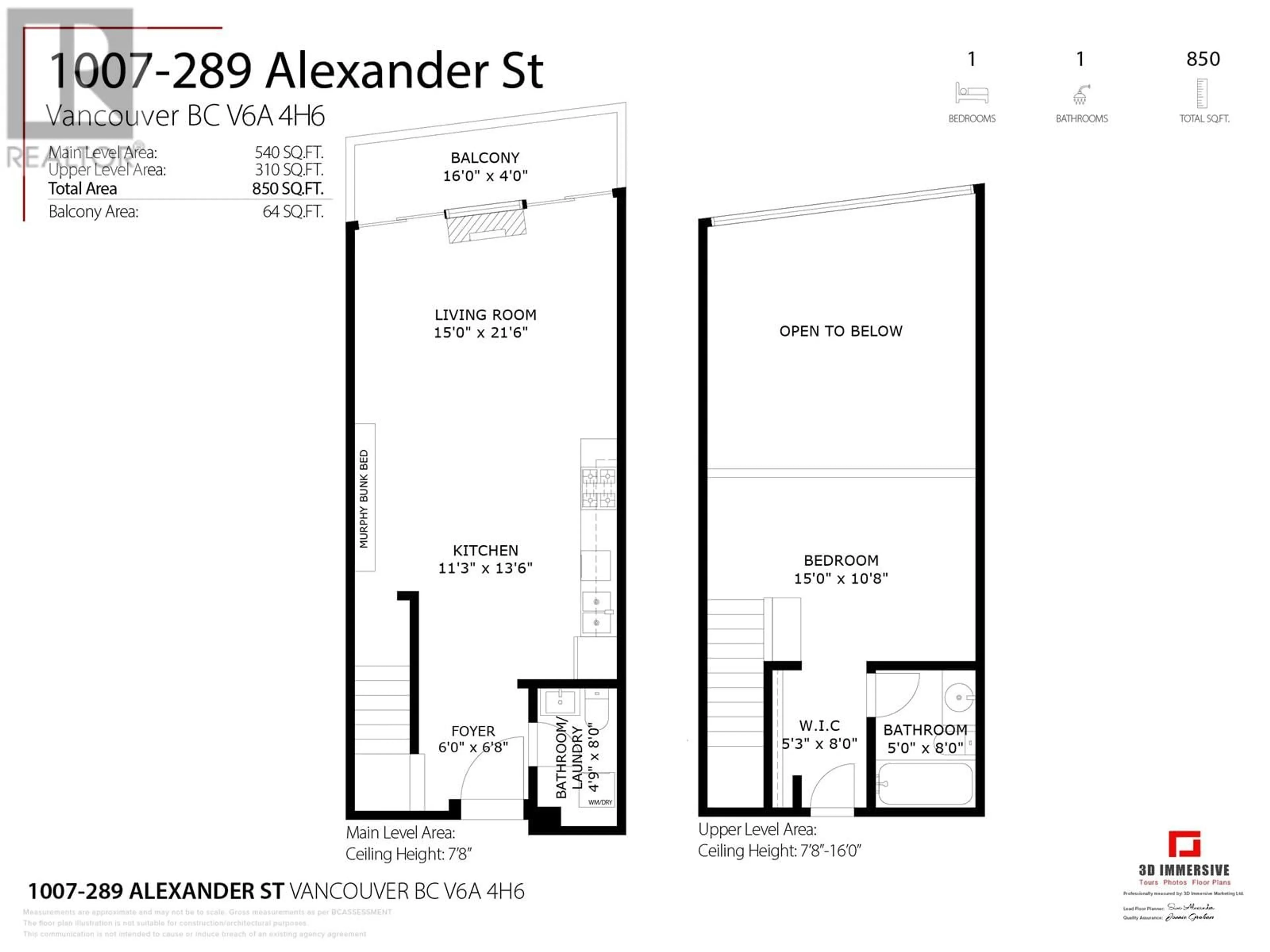 Floor plan for 1007 289 ALEXANDER STREET, Vancouver British Columbia V6A4H6