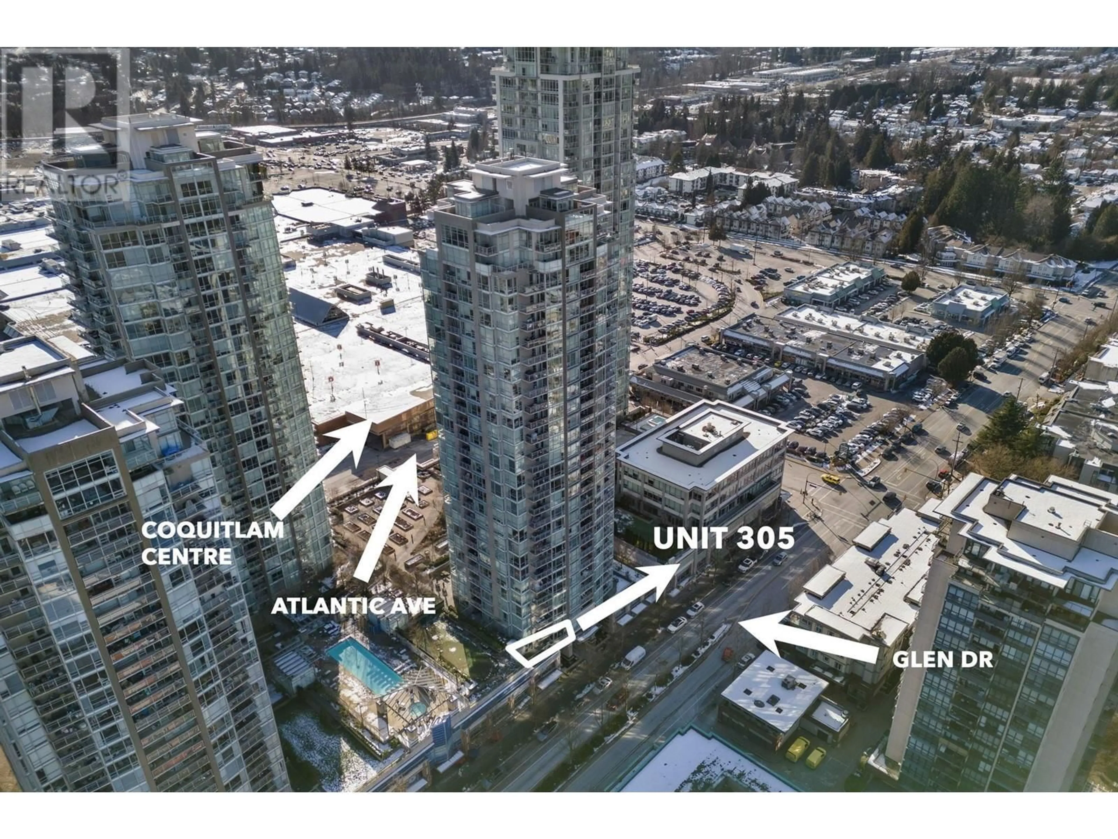 A pic from outside/outdoor area/front of a property/back of a property/a pic from drone, city buildings view from balcony for 305 2968 GLEN DRIVE, Coquitlam British Columbia V3B0C4