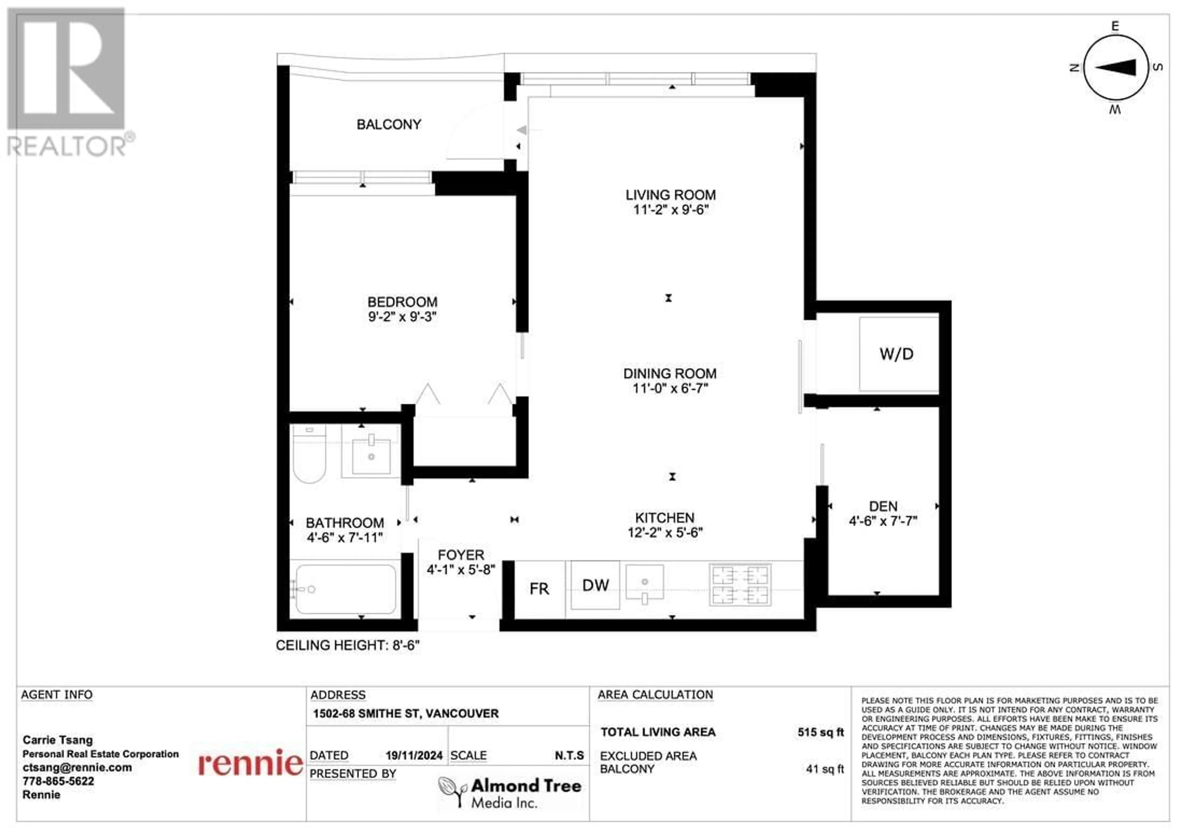 Floor plan for 1502 68 SMITHE STREET, Vancouver British Columbia V6B0P4