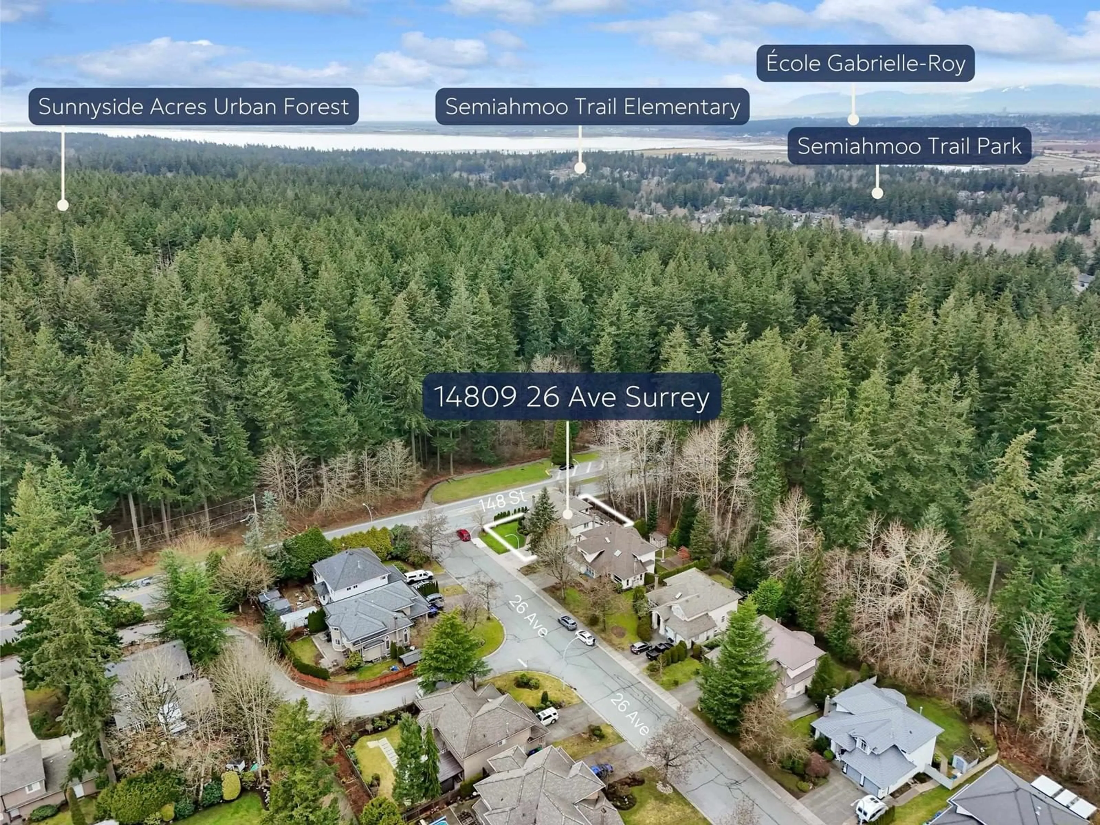 A pic from outside/outdoor area/front of a property/back of a property/a pic from drone, forest/trees view for 14809 26 AVENUE, Surrey British Columbia V4P1N6