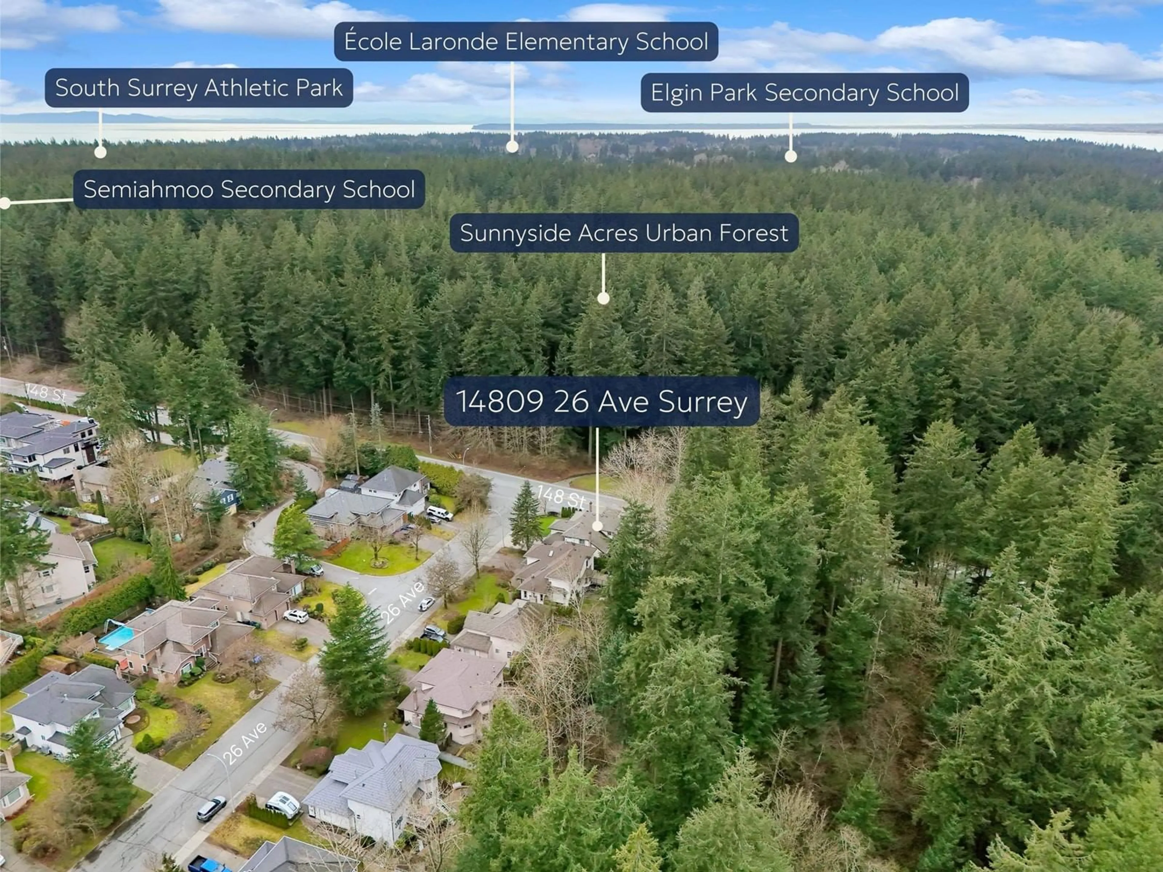 A pic from outside/outdoor area/front of a property/back of a property/a pic from drone, forest/trees view for 14809 26 AVENUE, Surrey British Columbia V4P1N6