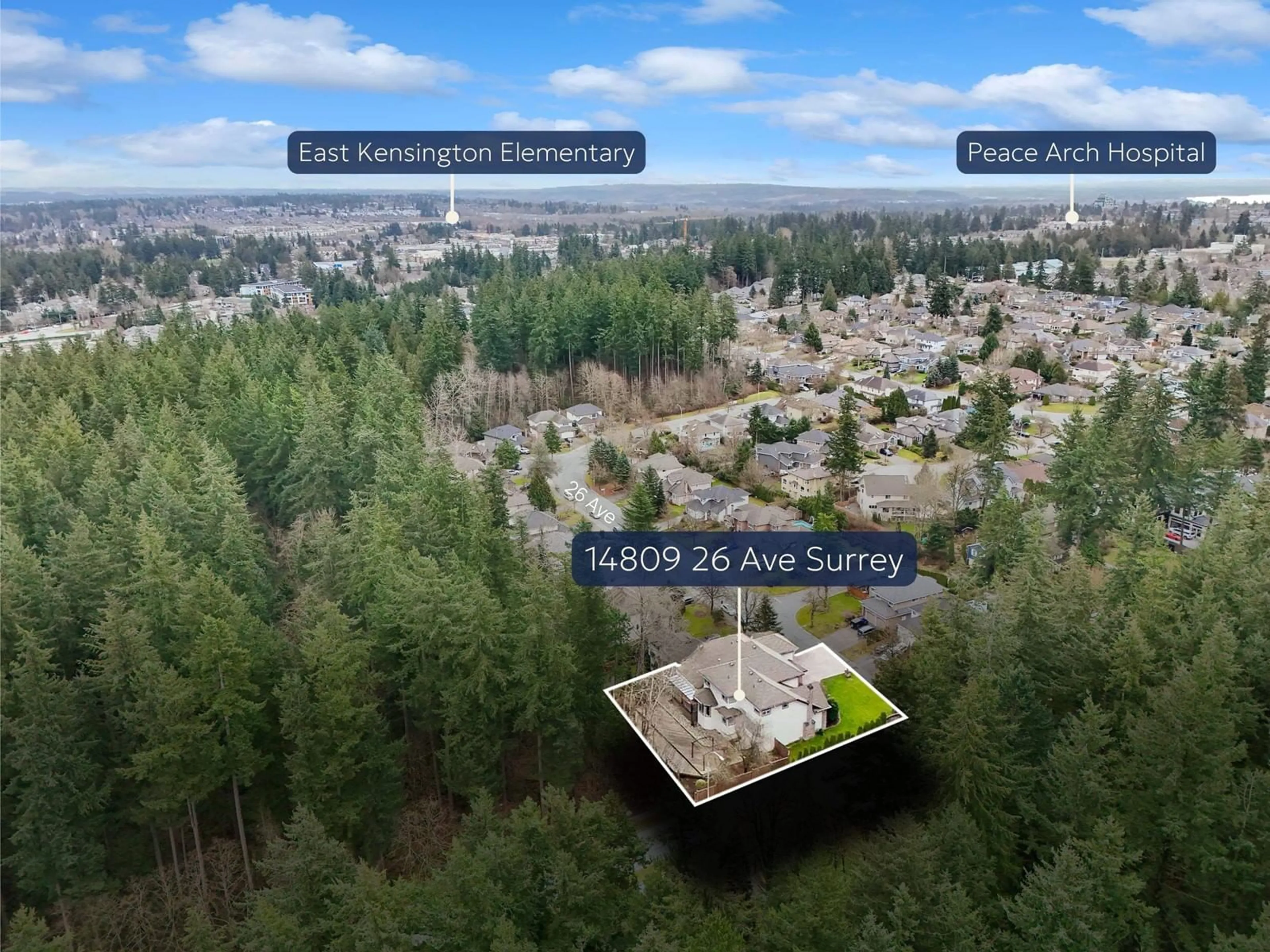 A pic from outside/outdoor area/front of a property/back of a property/a pic from drone, forest/trees view for 14809 26 AVENUE, Surrey British Columbia V4P1N6