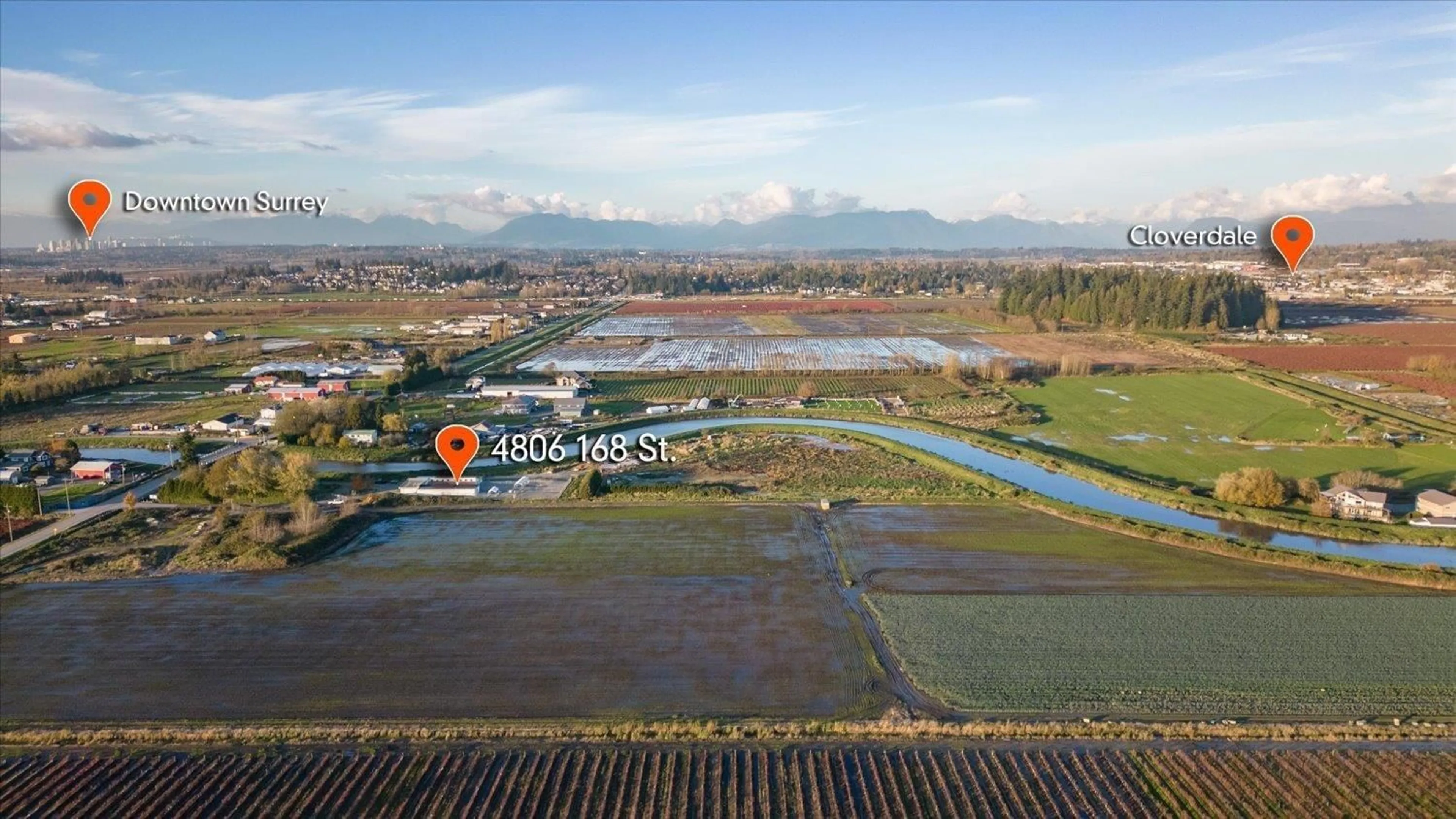 A pic from outside/outdoor area/front of a property/back of a property/a pic from drone, mountain view for 4806 168, Surrey British Columbia V3S0L2