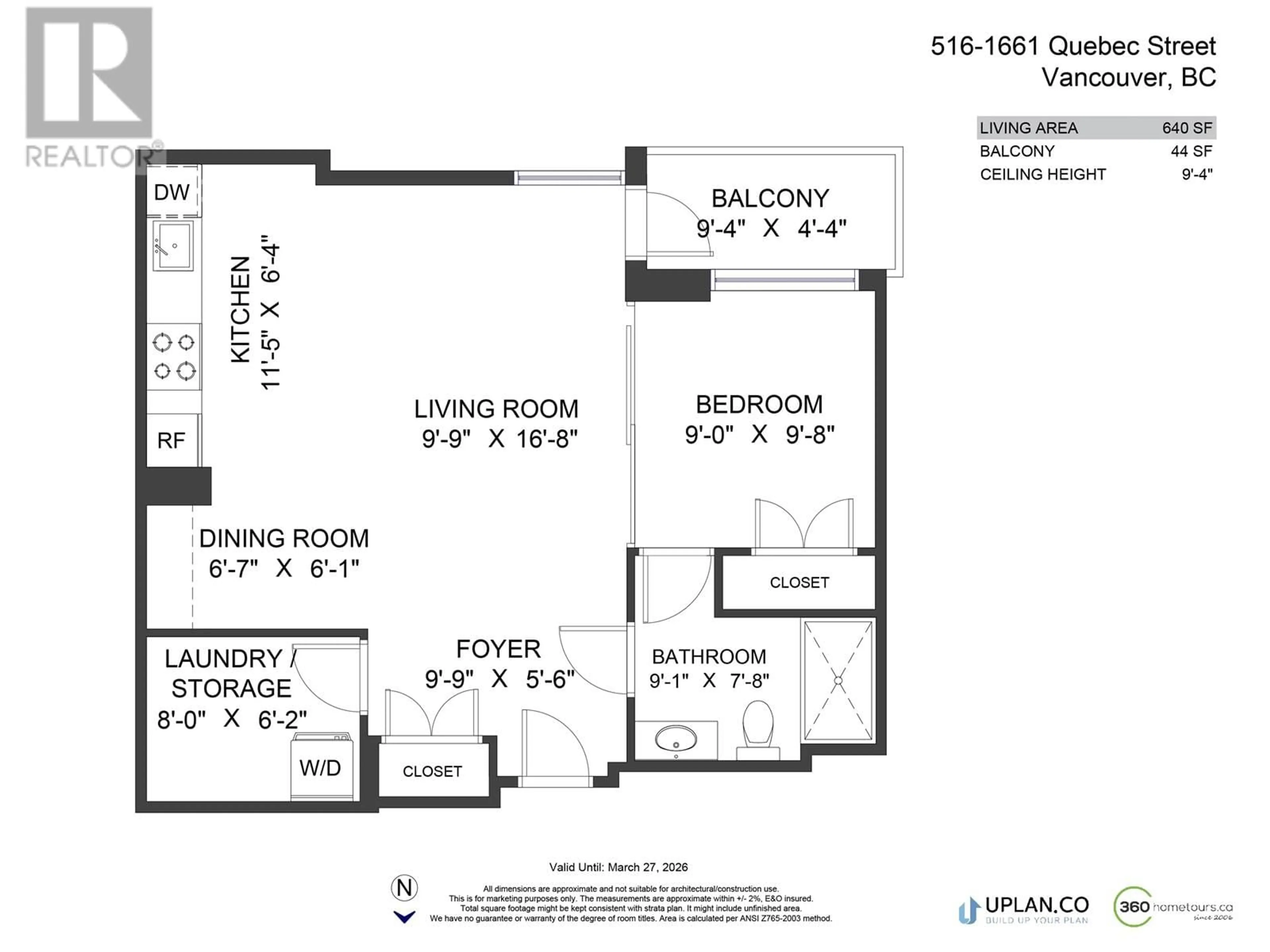 Floor plan for 516 - 1661 QUEBEC STREET, Vancouver British Columbia V6A0H2