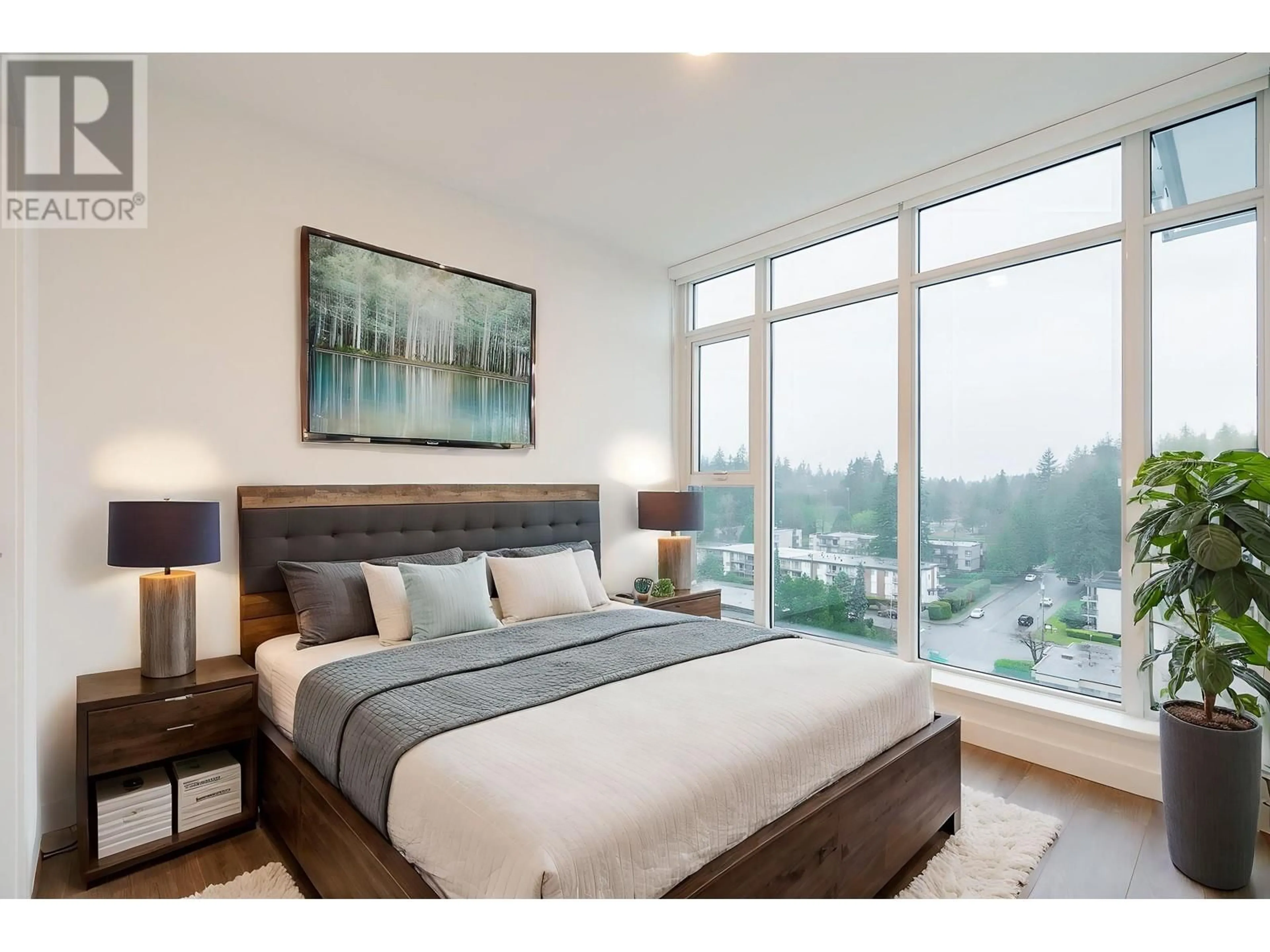 Bedroom with bed, wood/laminate floor for 1008 - 505 NELSON STREET, Coquitlam British Columbia V3J0R5