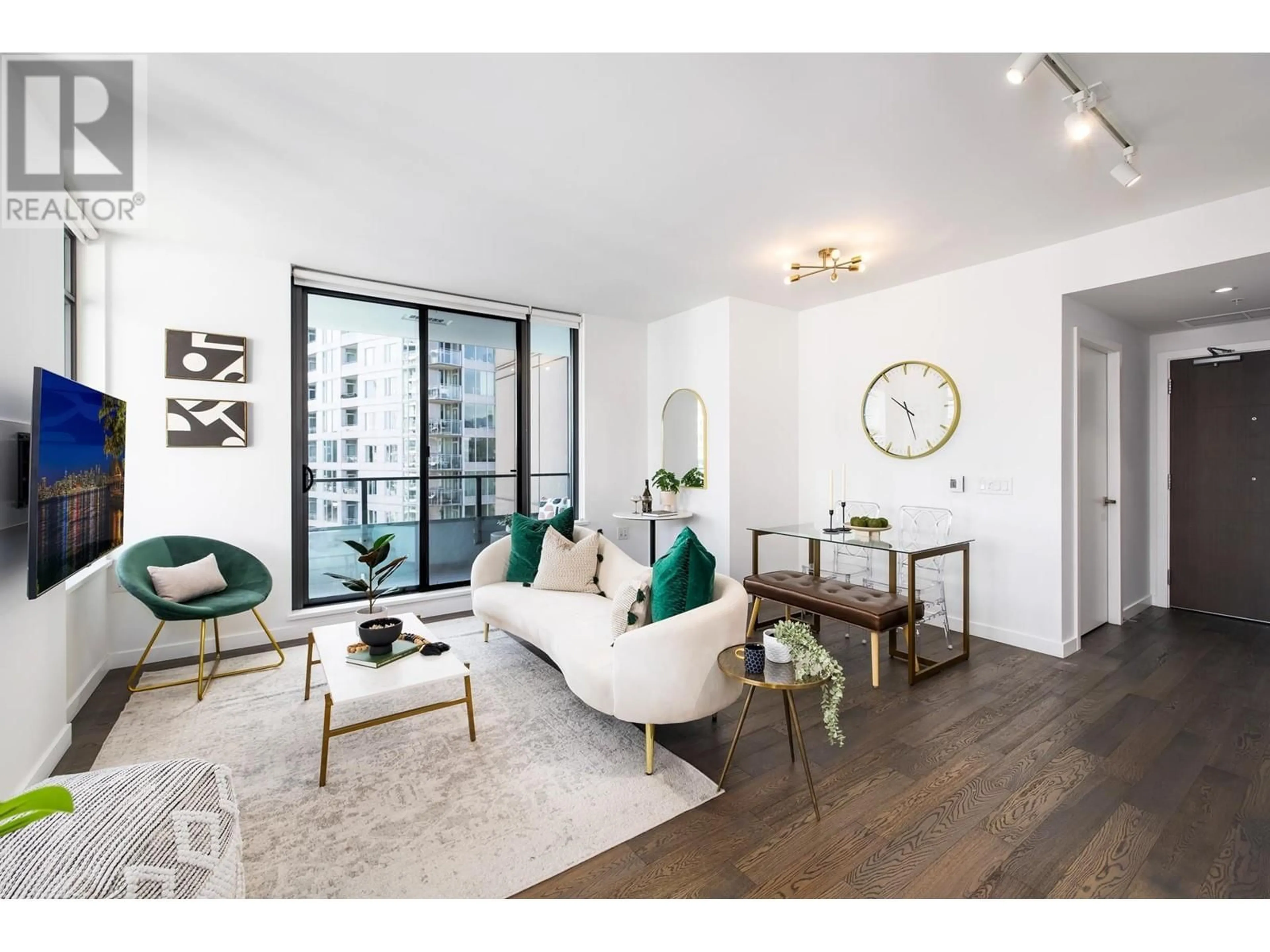 Living room with furniture, wood/laminate floor for 1103 - 1688 PULLMAN PORTER STREET, Vancouver British Columbia V6A0H4