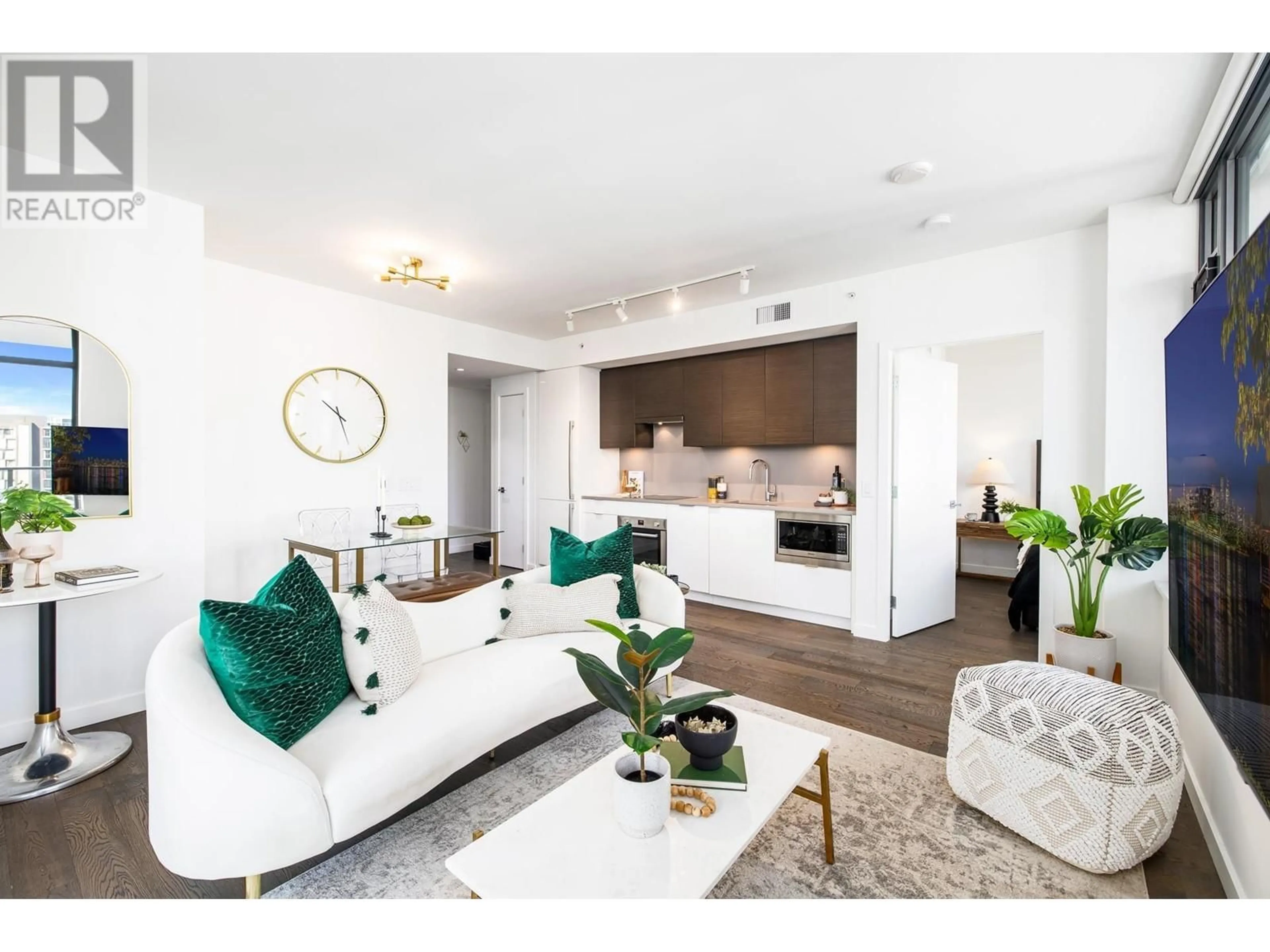 Living room with furniture, wood/laminate floor for 1103 - 1688 PULLMAN PORTER STREET, Vancouver British Columbia V6A0H4