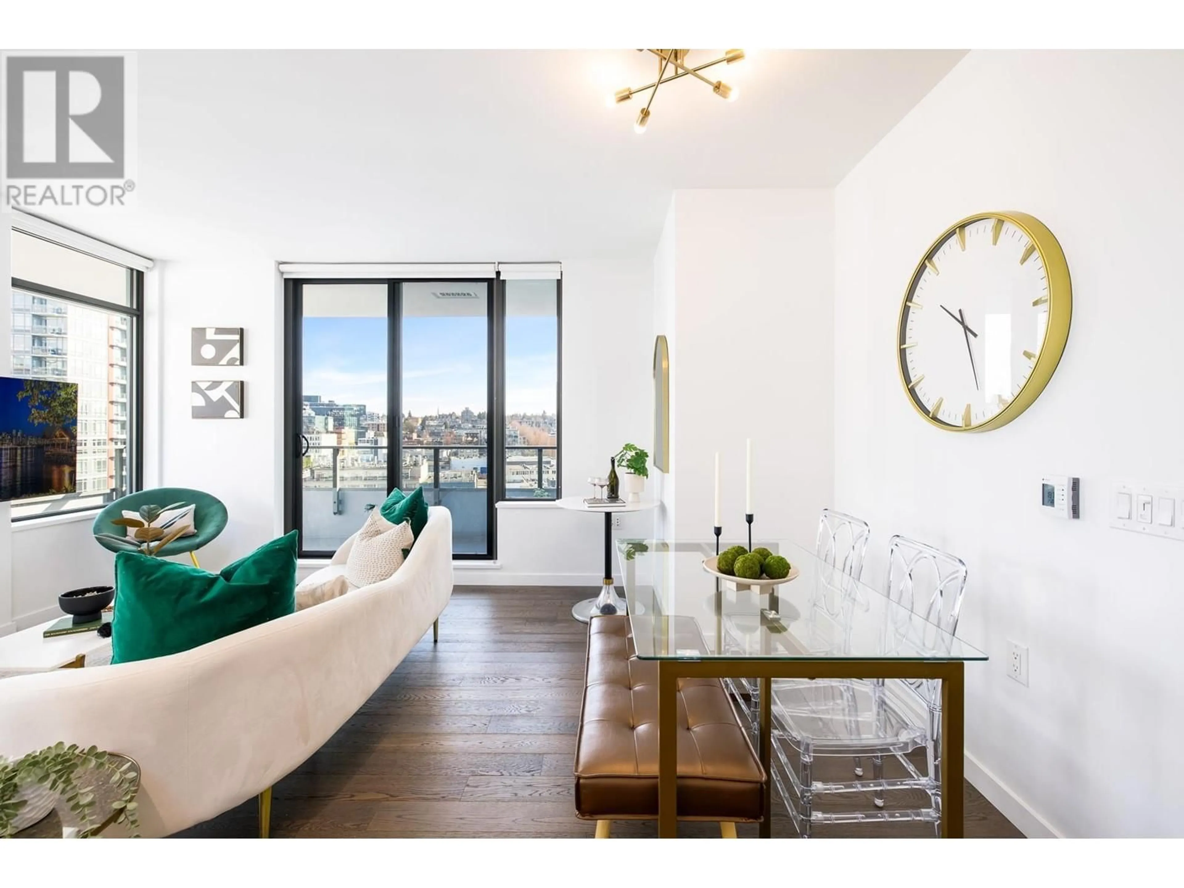 Living room with furniture, wood/laminate floor for 1103 - 1688 PULLMAN PORTER STREET, Vancouver British Columbia V6A0H4