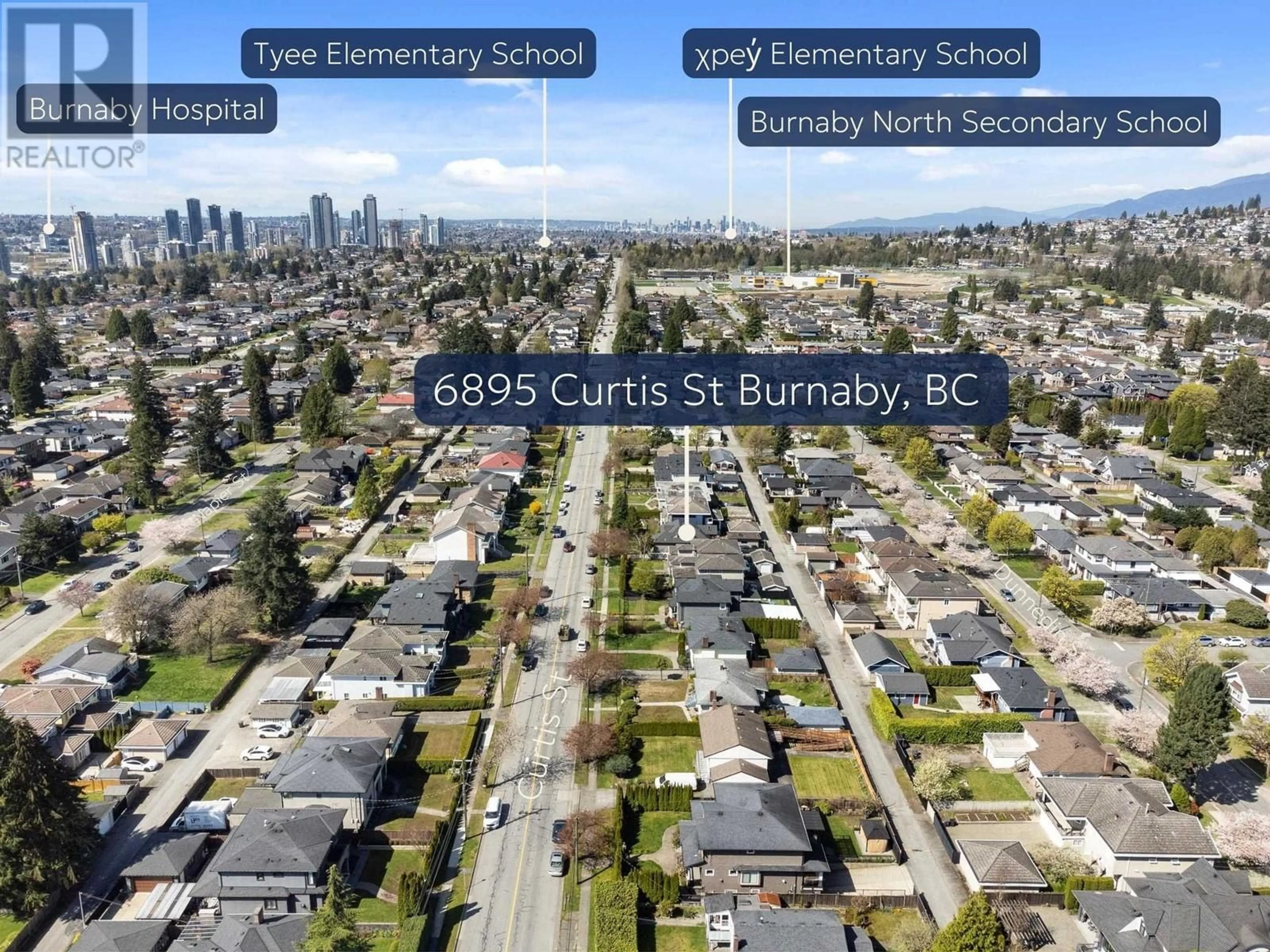 A pic from outside/outdoor area/front of a property/back of a property/a pic from drone, street for 6895 CURTIS STREET, Burnaby British Columbia V5B2B2