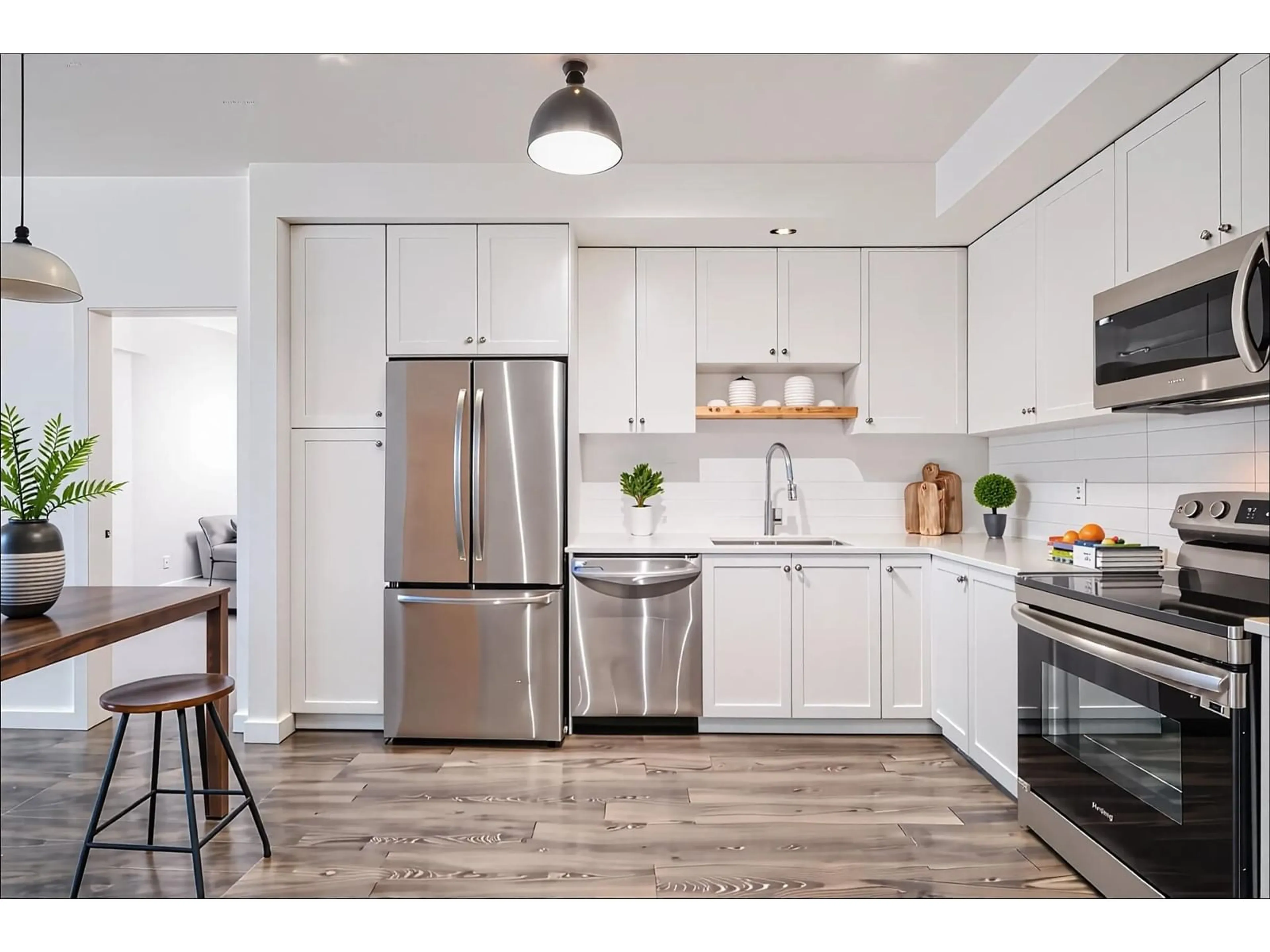 Open concept kitchen, wood/laminate floor for 404 - 15825 85, Surrey British Columbia V4N6W9