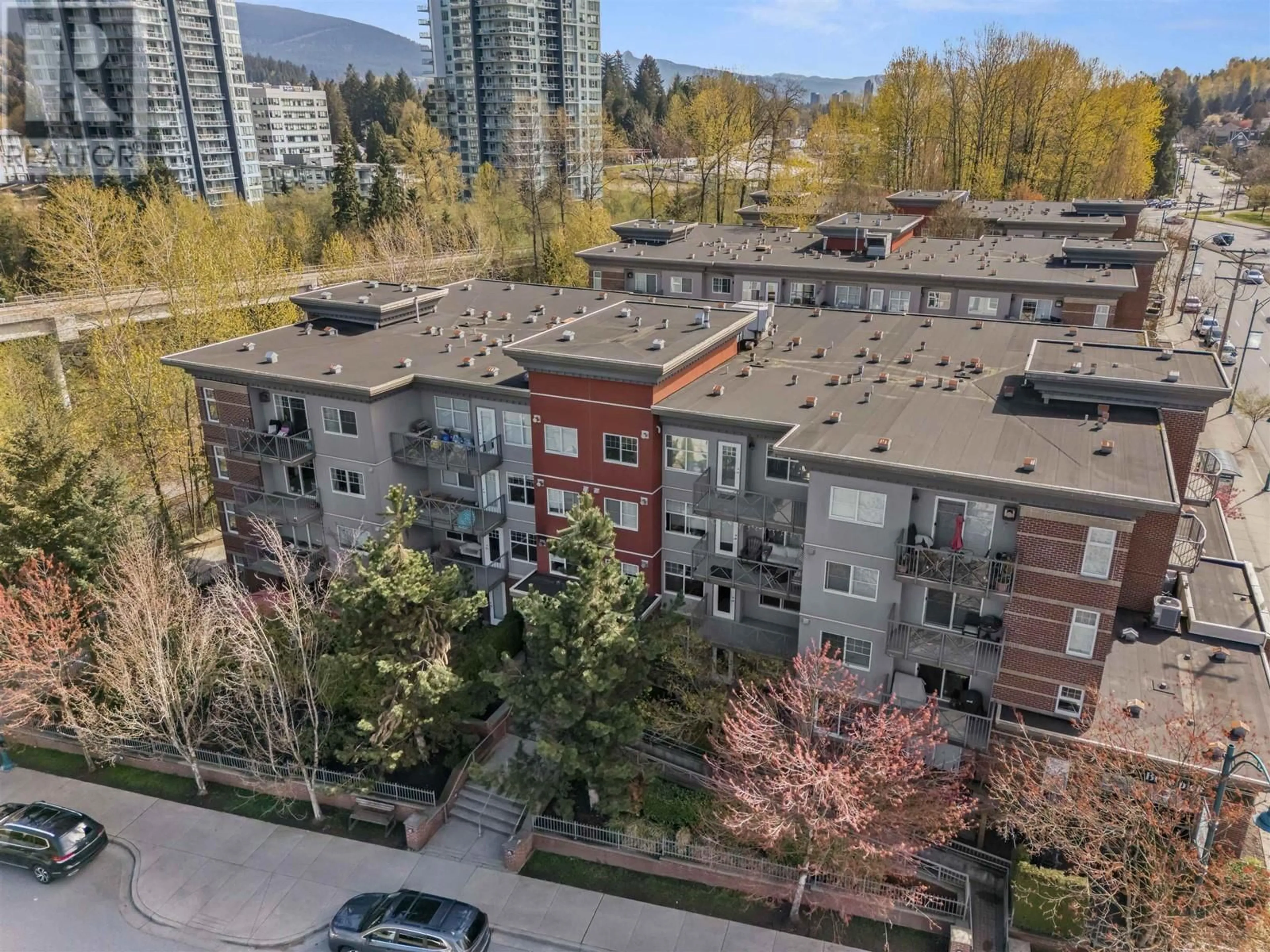 A pic from outside/outdoor area/front of a property/back of a property/a pic from drone, city buildings view from balcony for 203 - 3240 ST JOHNS STREET, Port Moody British Columbia V3H0C1