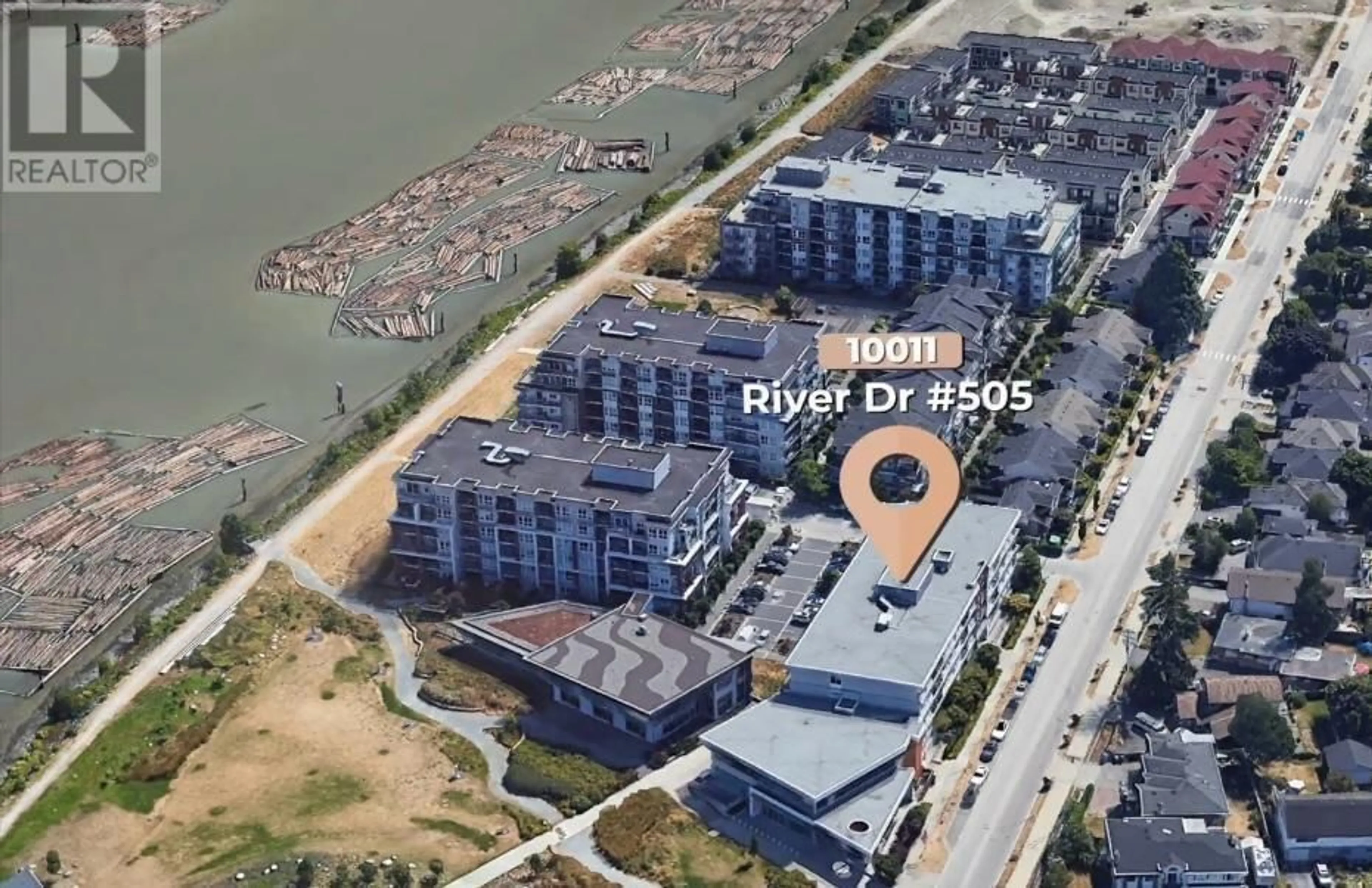 A pic from outside/outdoor area/front of a property/back of a property/a pic from drone, water/lake/river/ocean view for 505 - 10011 RIVER DRIVE, Richmond British Columbia V6X0N2