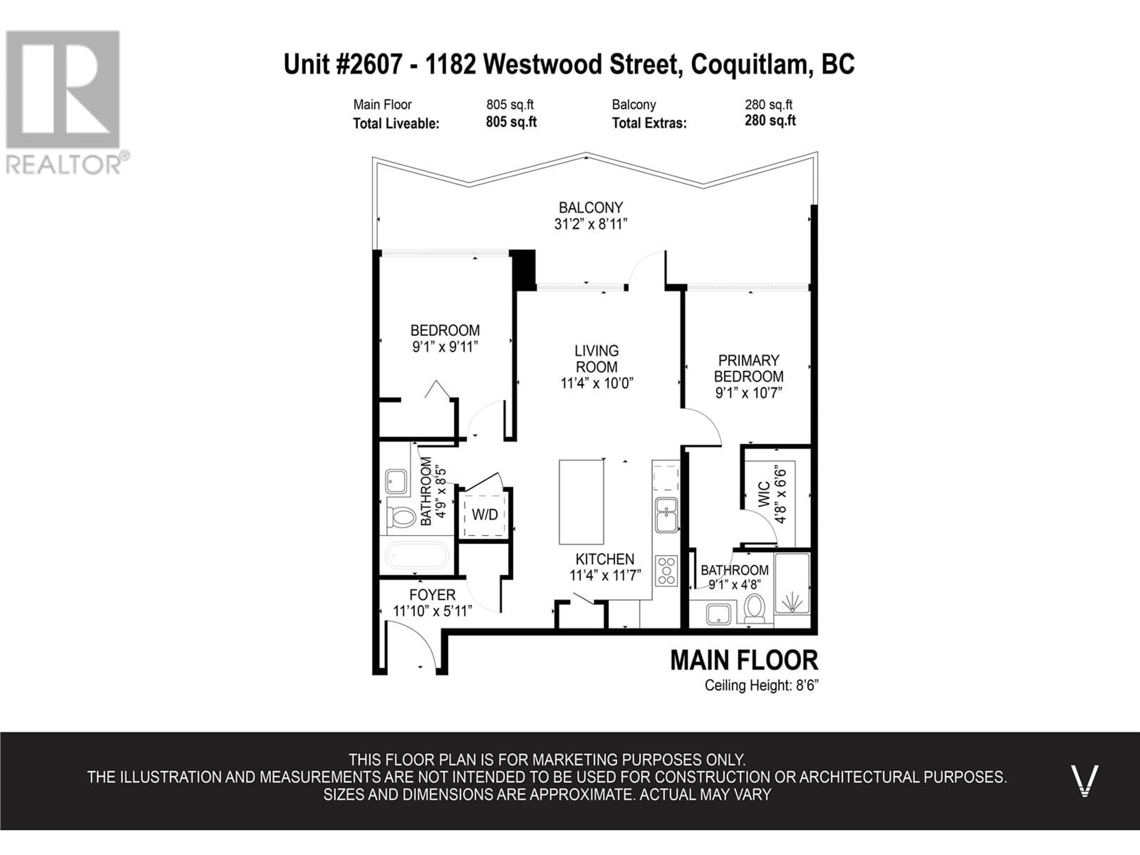 Floor plan for 2607 - 1182 WESTWOOD STREET, Coquitlam British Columbia V3B0T9
