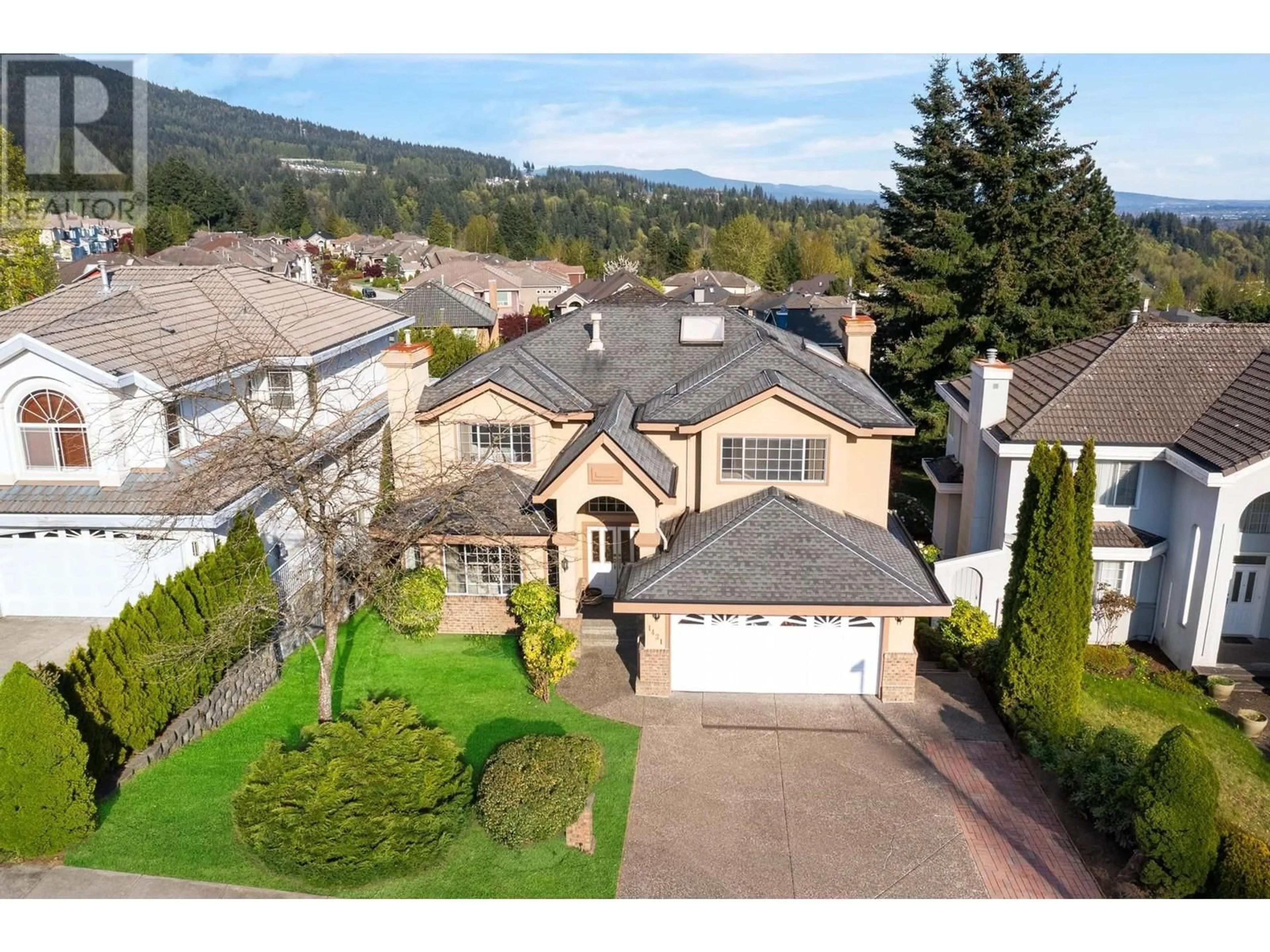 A pic from outside/outdoor area/front of a property/back of a property/a pic from drone, mountain view for 1431 PINETREE WAY, Coquitlam British Columbia V3E2T6