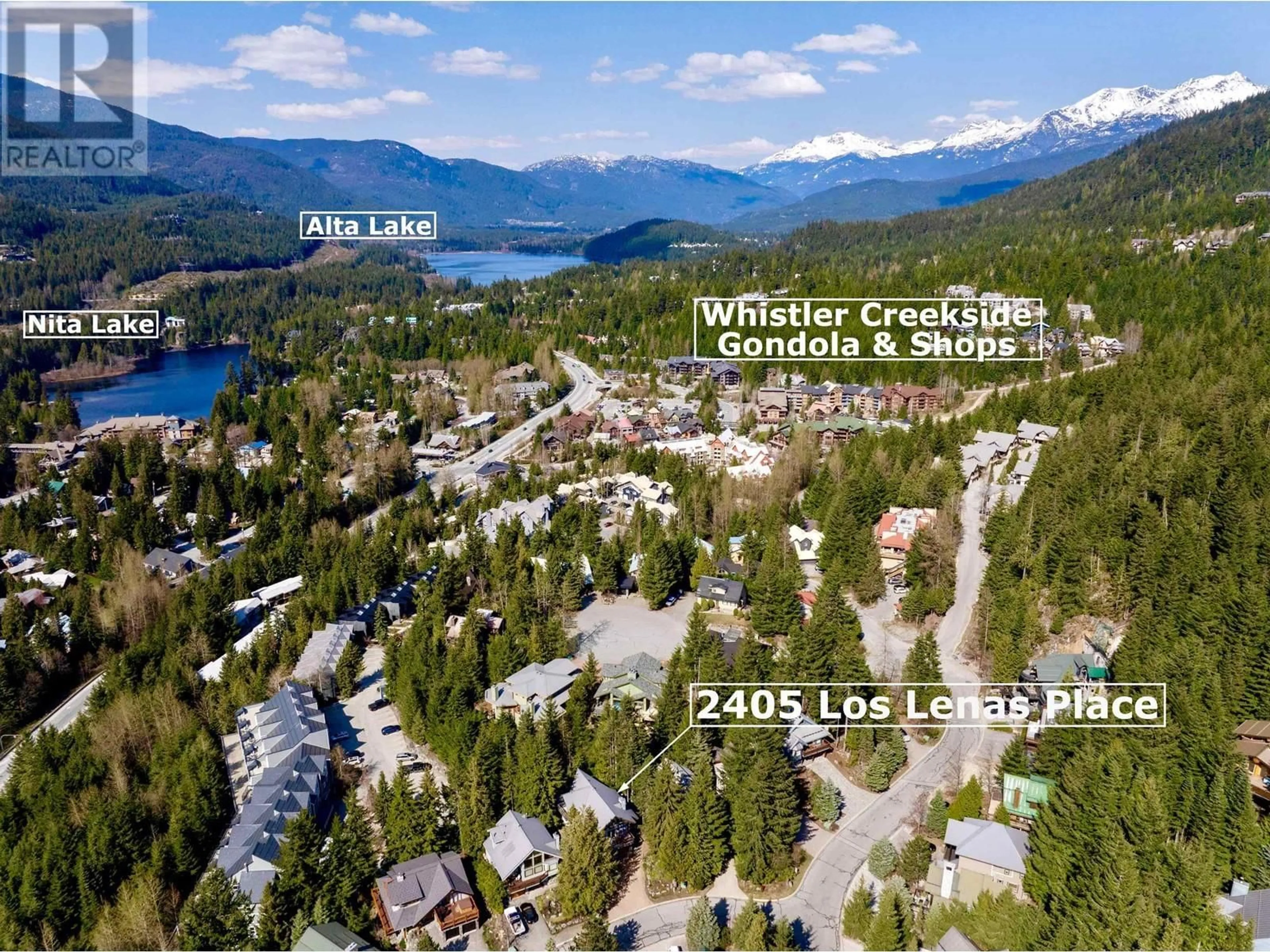 A pic from outside/outdoor area/front of a property/back of a property/a pic from drone, water/lake/river/ocean view for 2405 LOS LENAS PLACE, Whistler British Columbia V8E0N2