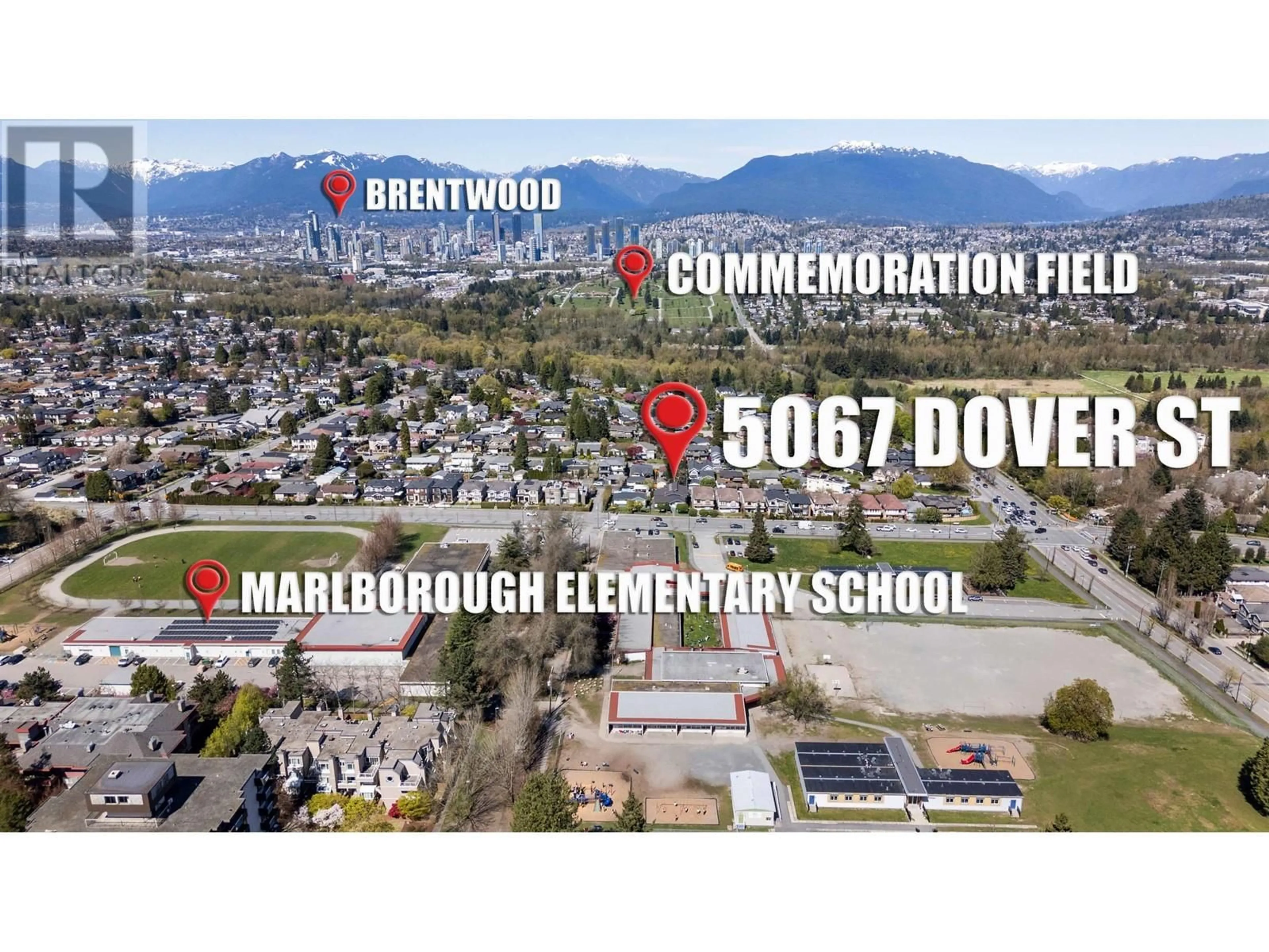 A pic from outside/outdoor area/front of a property/back of a property/a pic from drone, mountain view for 5067 DOVER STREET, Burnaby British Columbia V5H1R4