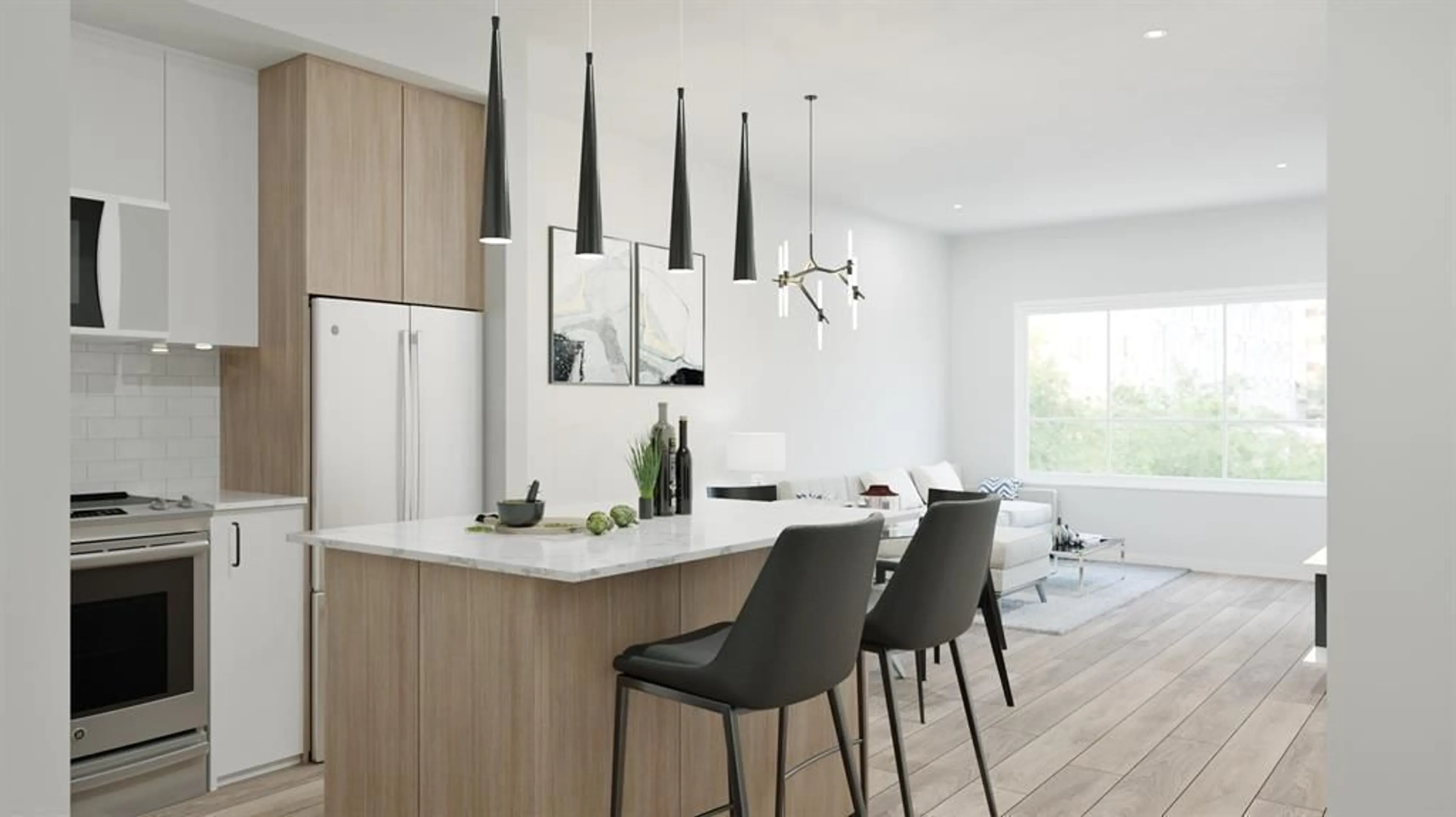 Open concept kitchen, wood/laminate floor for 202 - 10786 140, Surrey British Columbia V0V0V0