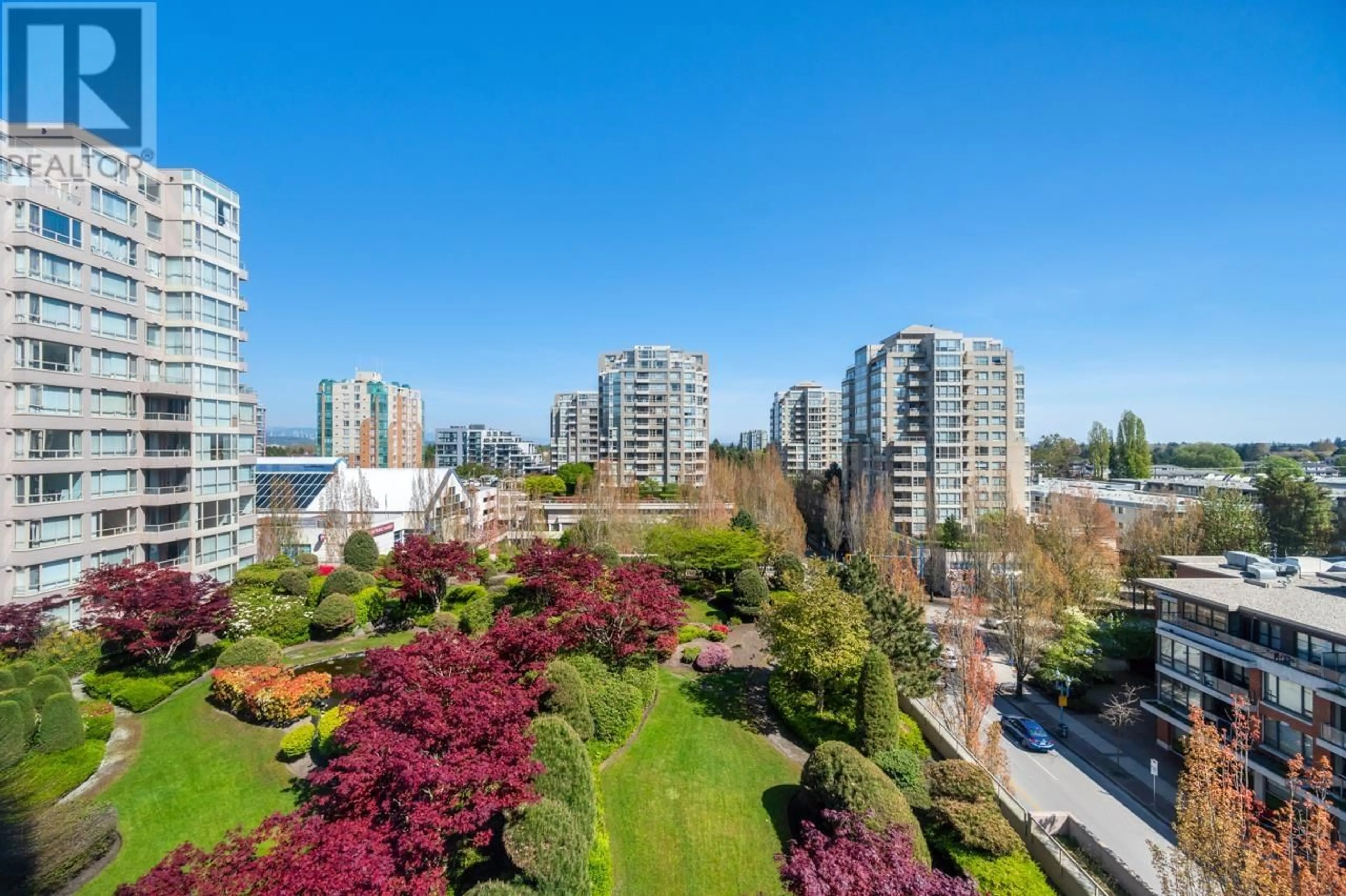 A pic from outside/outdoor area/front of a property/back of a property/a pic from drone, city buildings view from balcony for 803 - 8171 SABA ROAD, Richmond British Columbia V6Y4B3