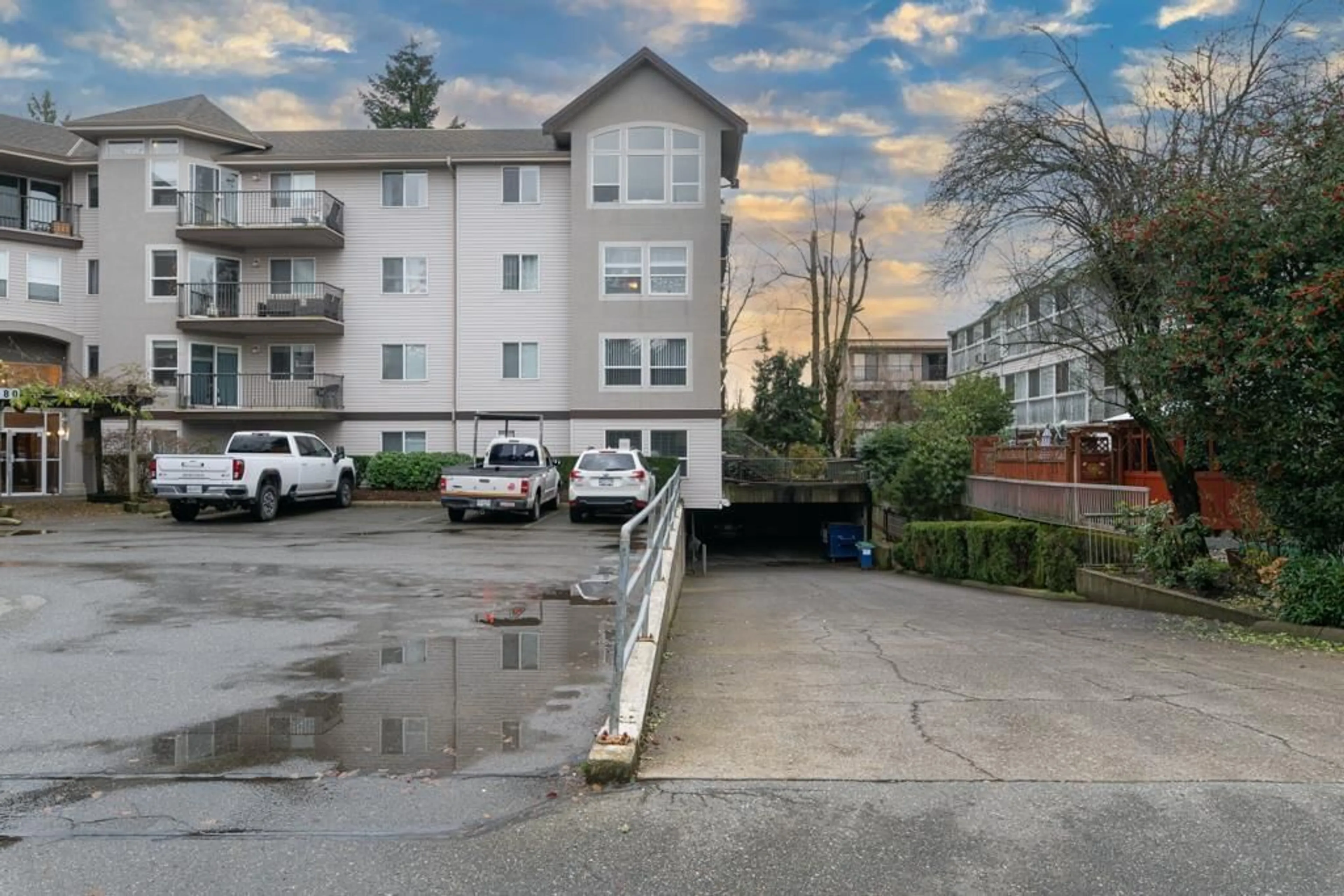 A pic from outside/outdoor area/front of a property/back of a property/a pic from drone, water/lake/river/ocean view for 411 - 33480 GEORGE FERGUSON, Abbotsford British Columbia V2S8G1