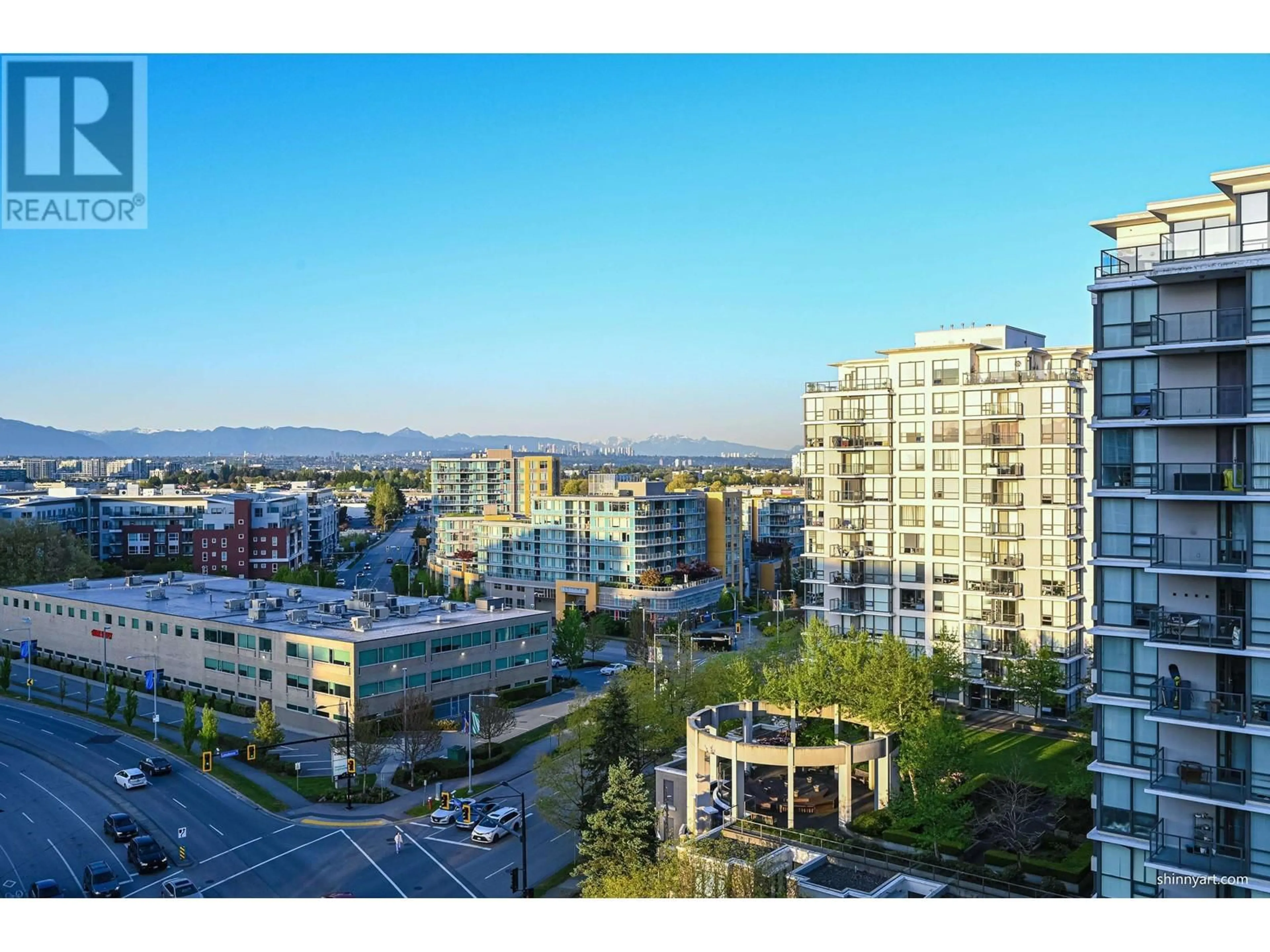 A pic from outside/outdoor area/front of a property/back of a property/a pic from drone, city buildings view from balcony for 1202 - 7488 LANSDOWNE ROAD, Richmond British Columbia V7C0B9