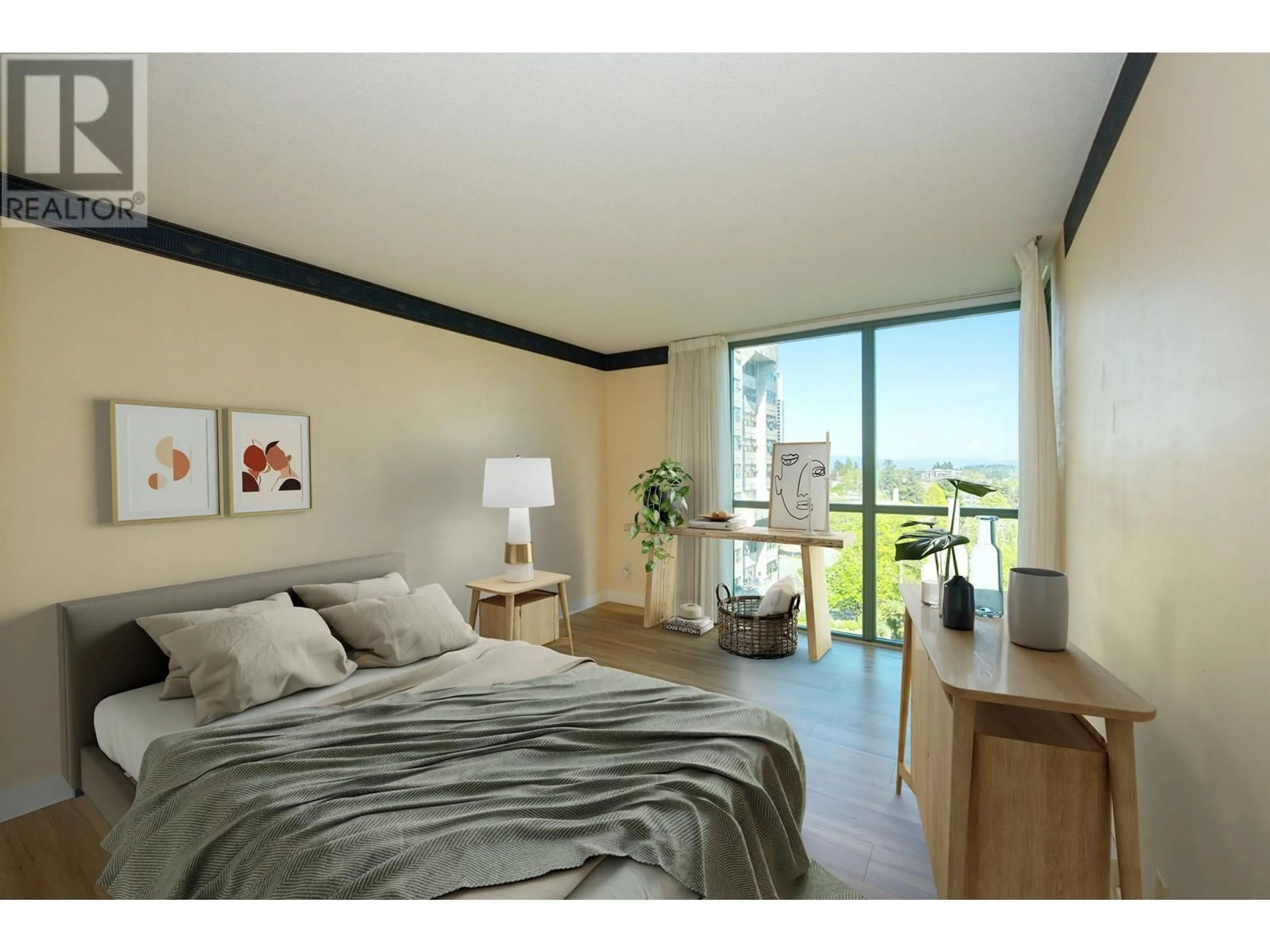 Bedroom with bed, wood/laminate floor for 810 - 7288 ACORN AVENUE, Burnaby British Columbia V5E4H6