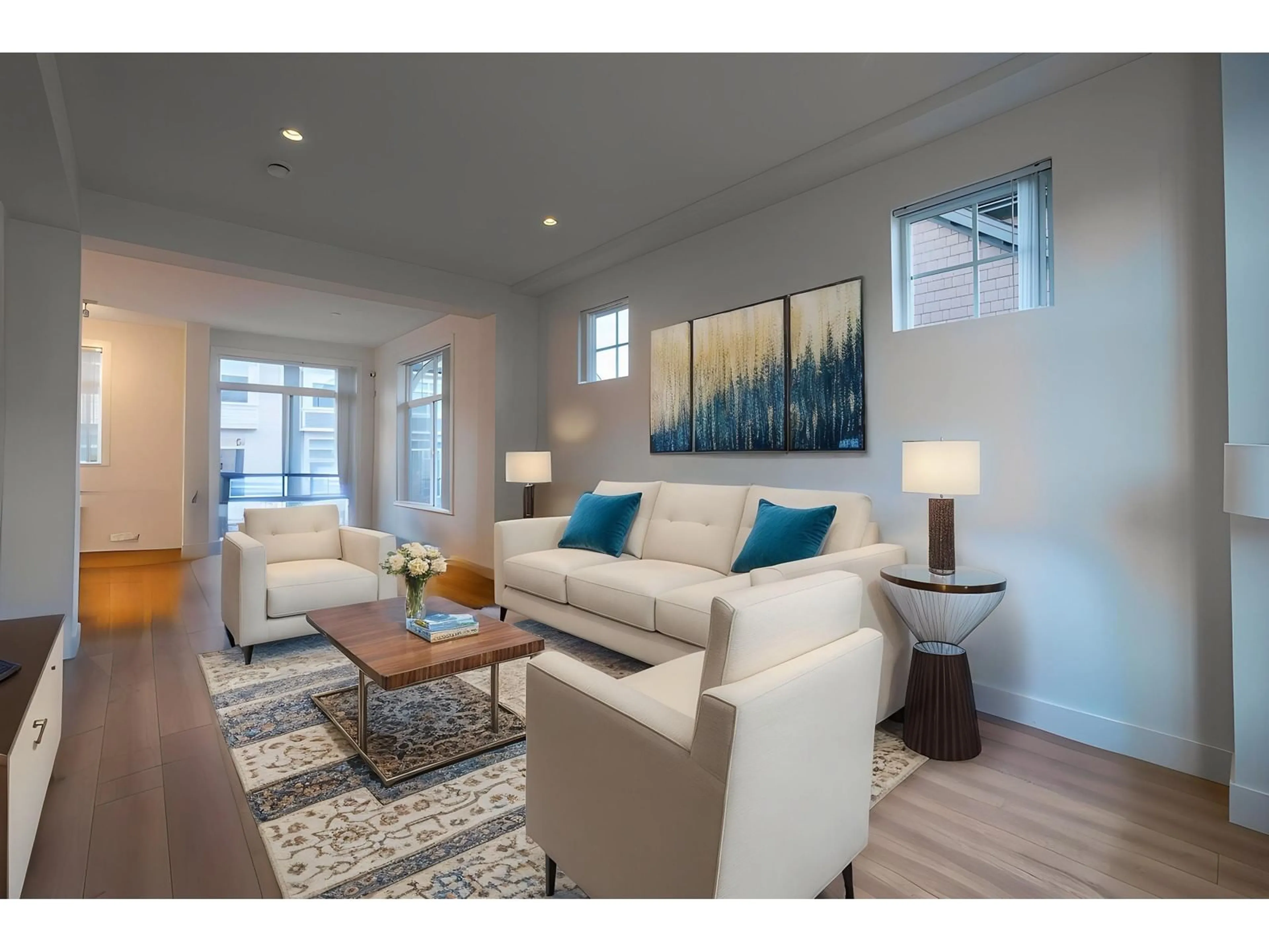 Living room with furniture, wood/laminate floor for 4 - 14151 58A, Surrey British Columbia V3X0L1