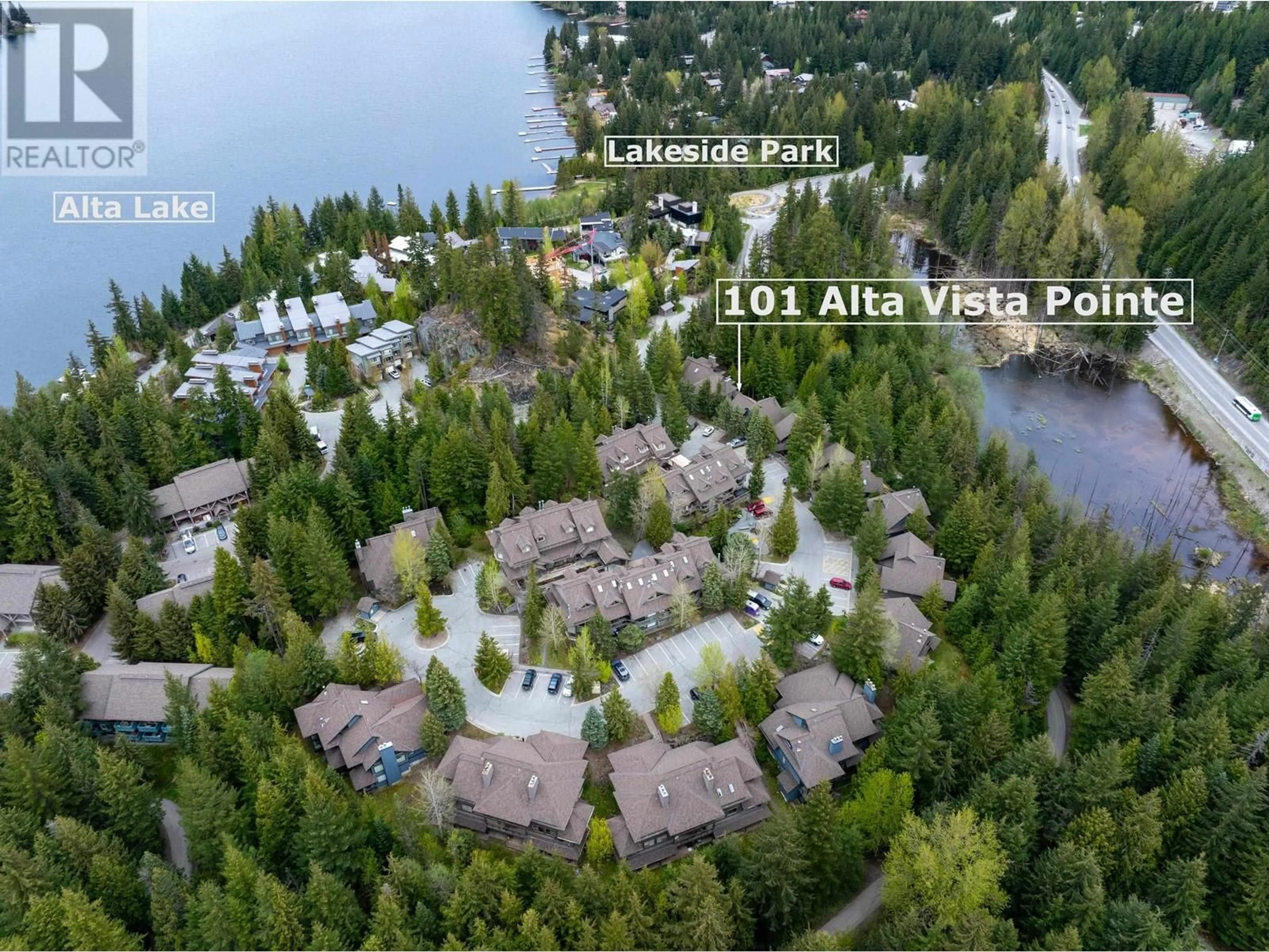 A pic from outside/outdoor area/front of a property/back of a property/a pic from drone, water/lake/river/ocean view for 101 - 3050 HILLCREST DRIVE, Whistler British Columbia V8E0T8