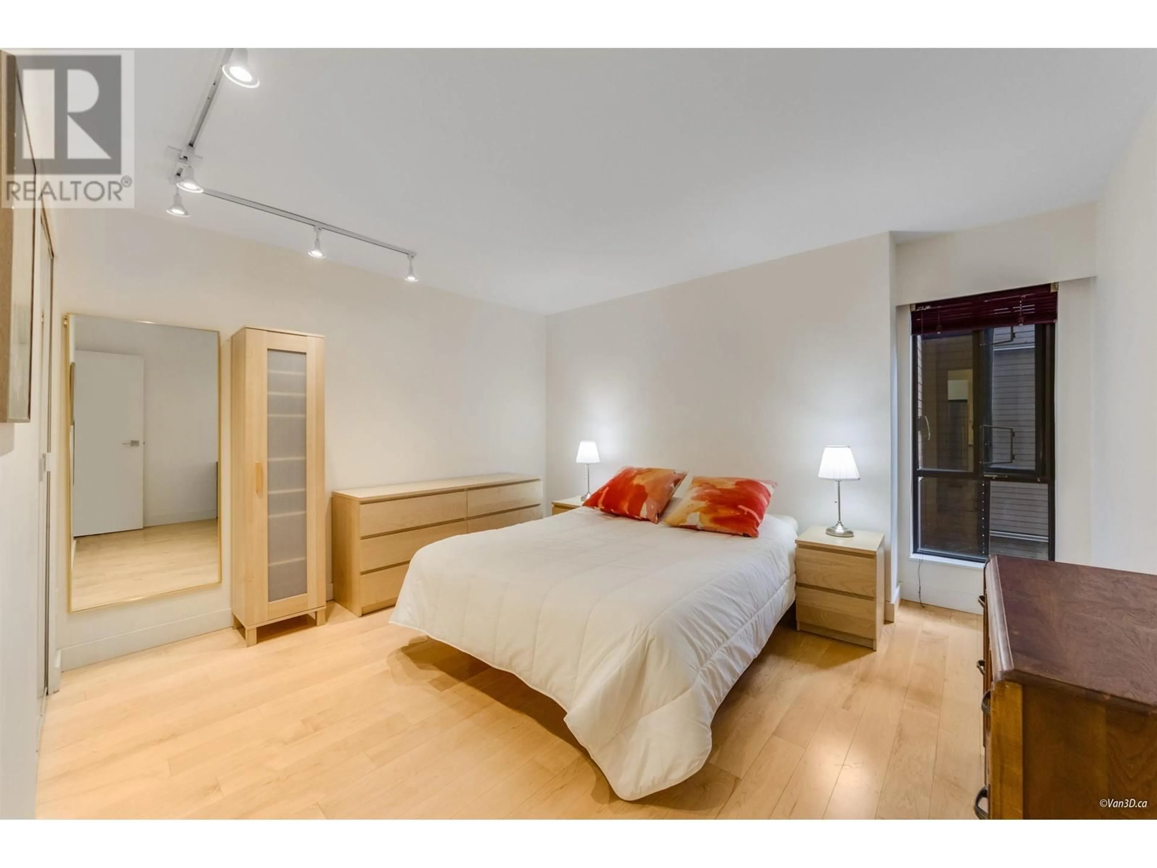 Bedroom with bed, wood/laminate floor for 208 - 1855 NELSON STREET, Vancouver British Columbia V6G1M9
