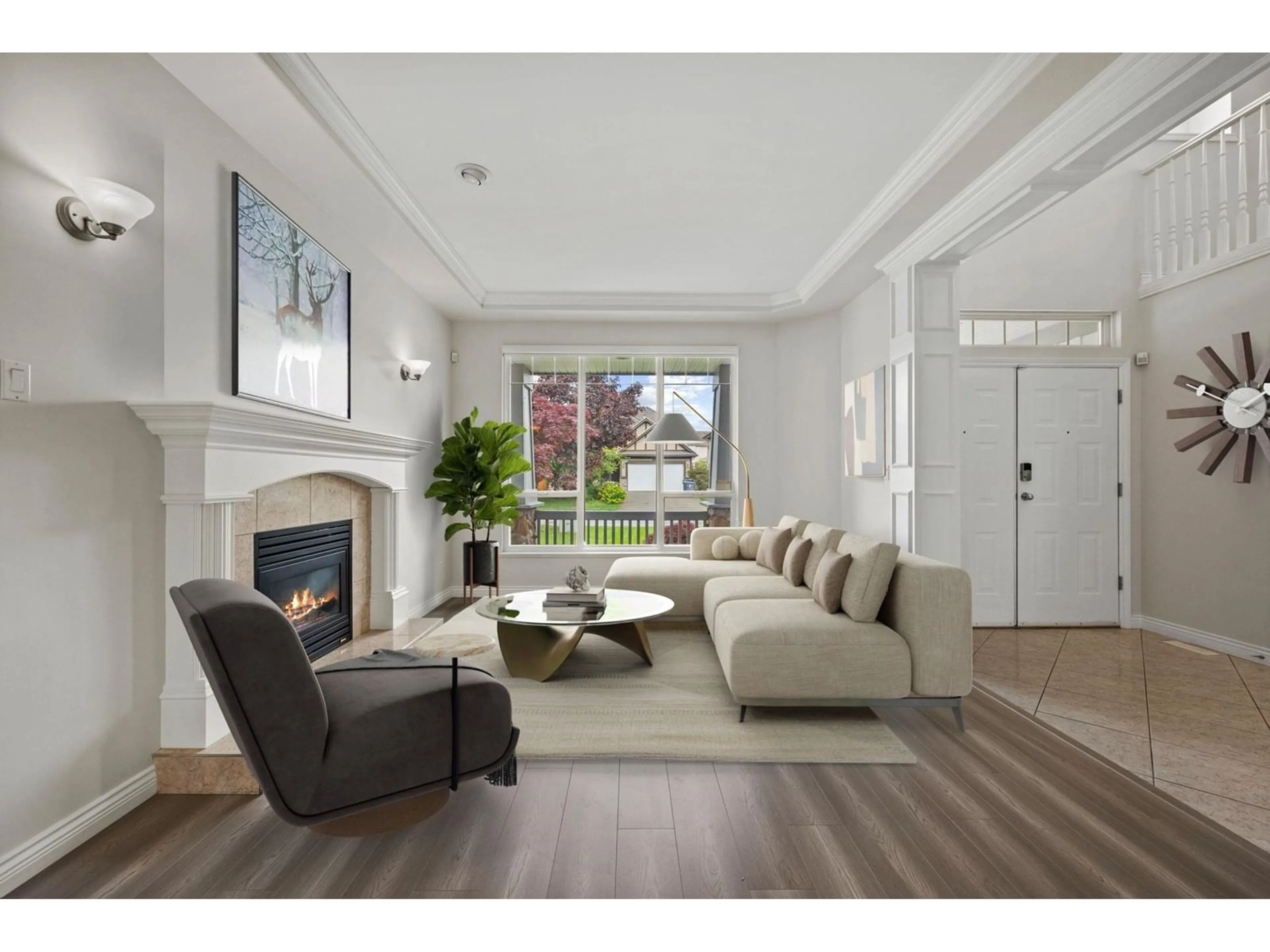 Living room with furniture, wood/laminate floor for 15852 111, Surrey British Columbia V4N1C6