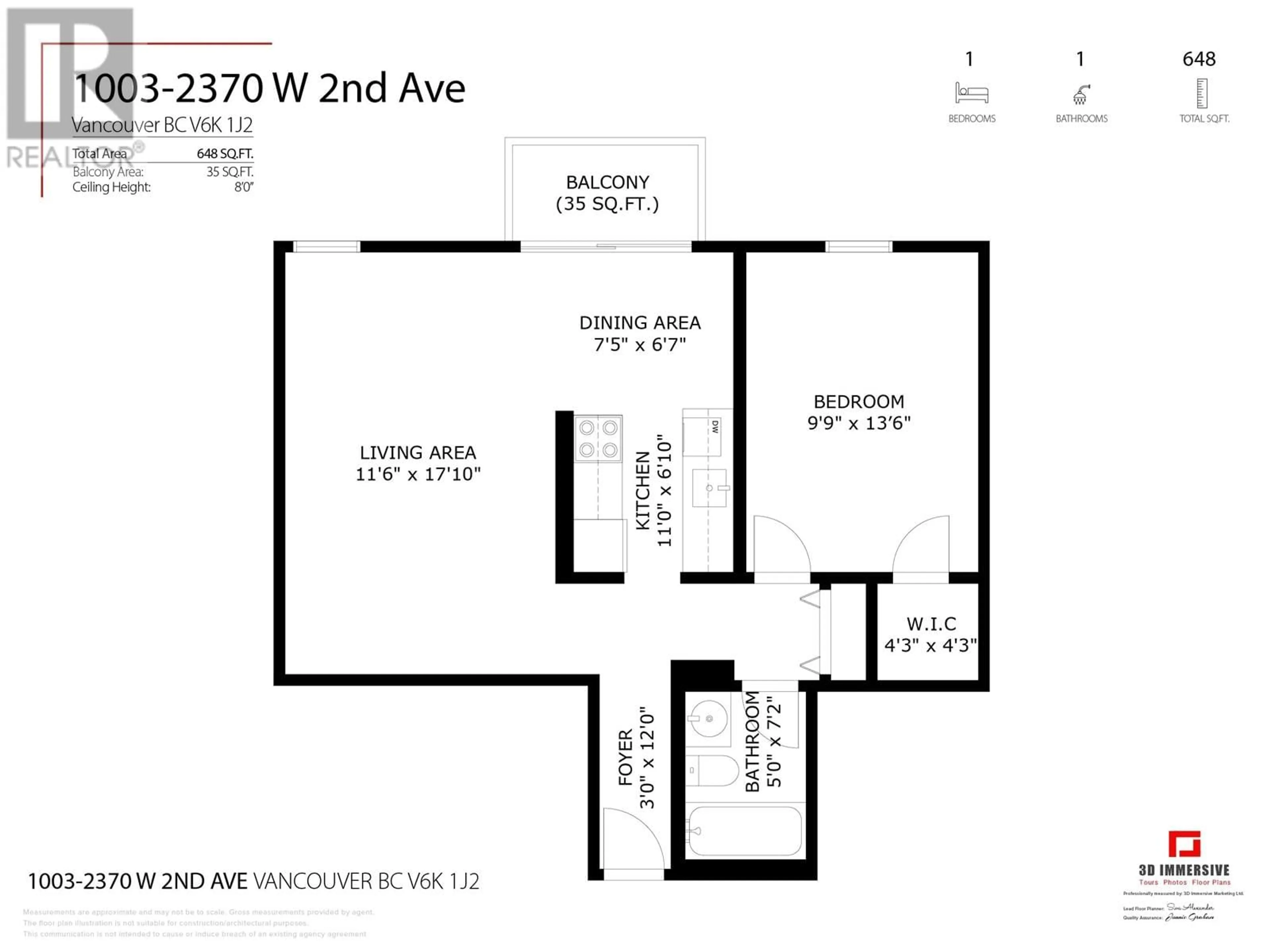 Floor plan for 1003 - 2370 2ND AVENUE, Vancouver British Columbia V6K1J2