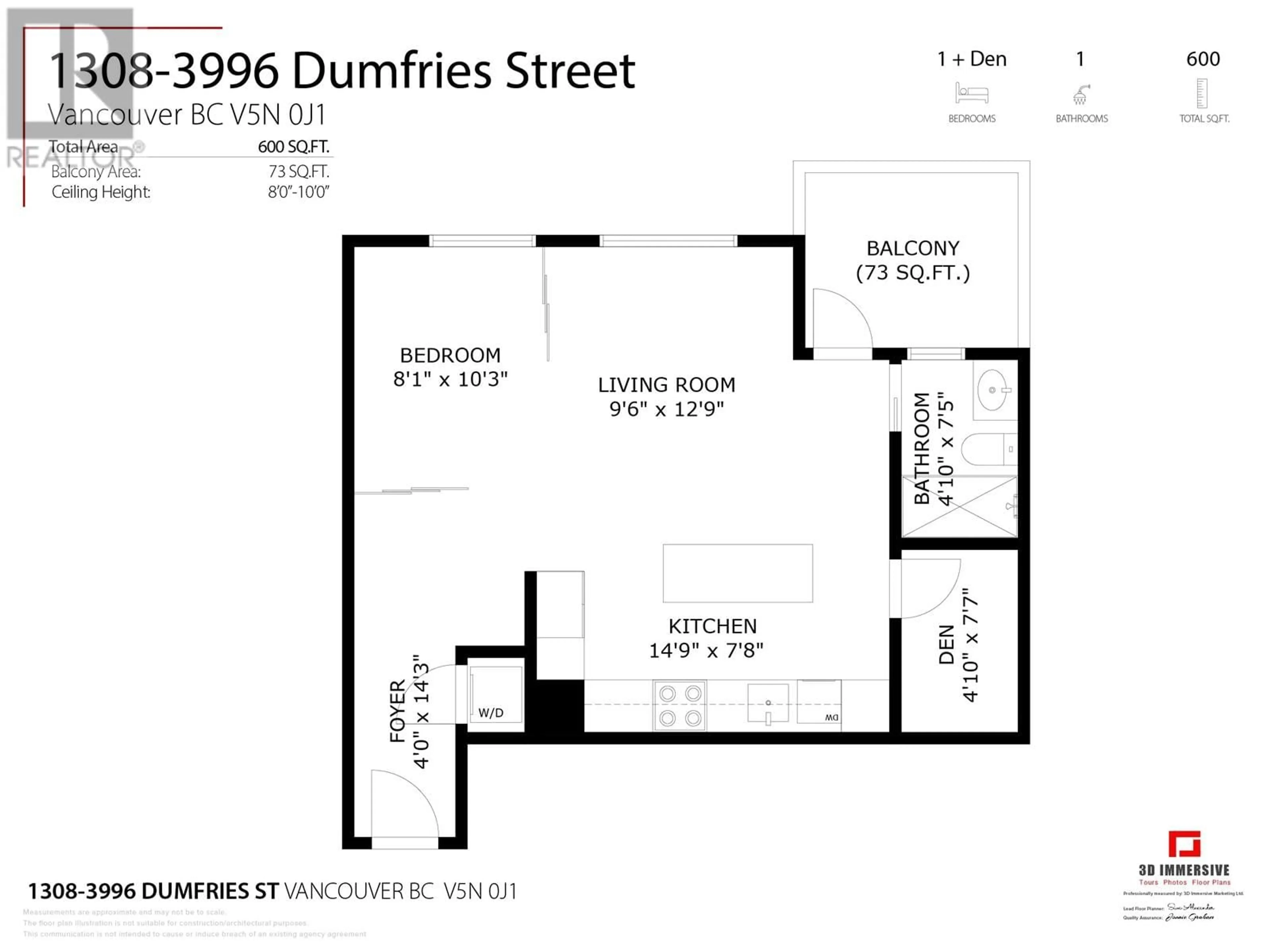 Floor plan for 1308 - 3996 DUMFRIES STREET, Vancouver British Columbia V5N0J1