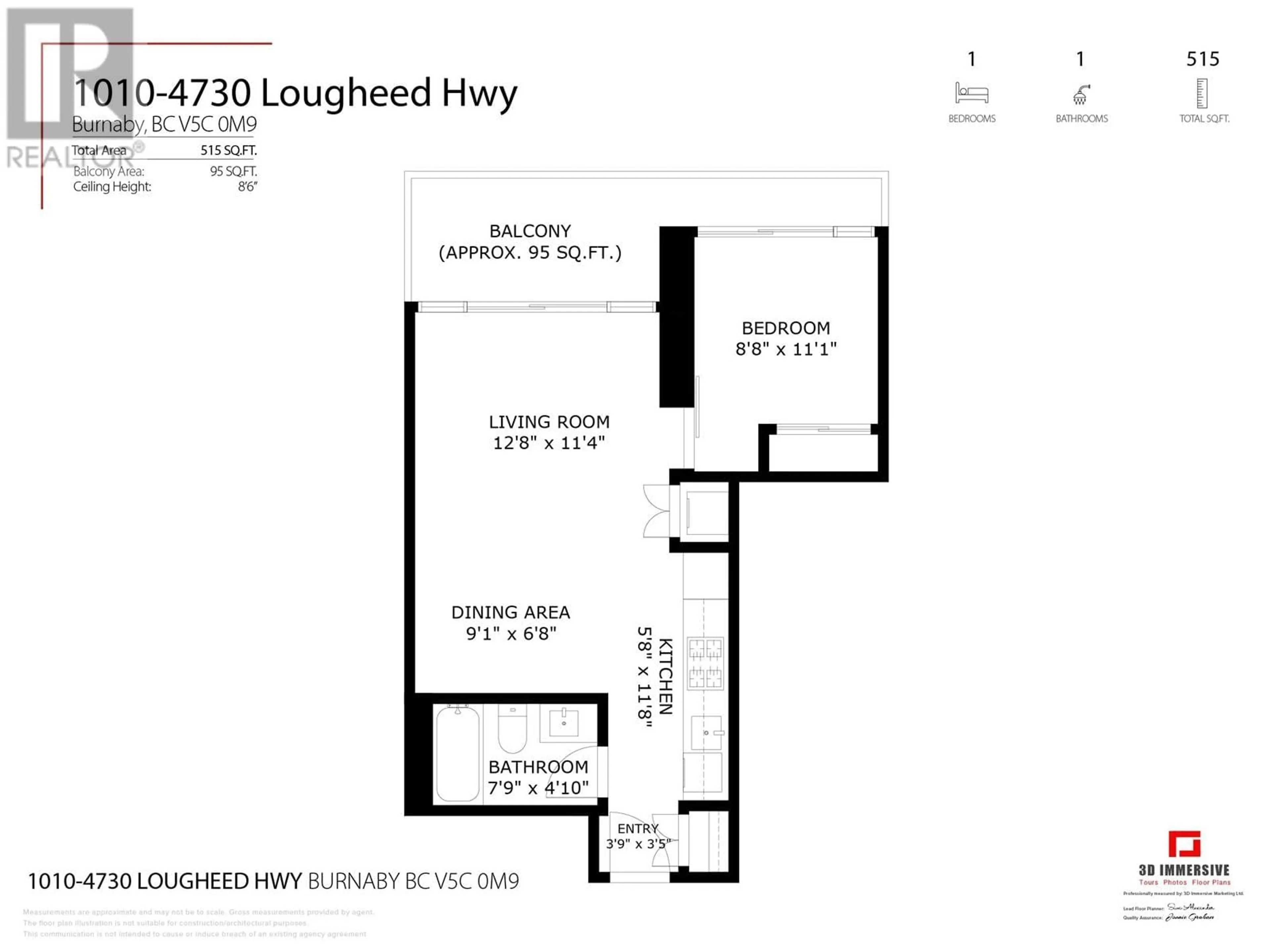 Floor plan for 1010 - 4730 LOUGHEED HIGHWAY, Burnaby British Columbia V5C0M9