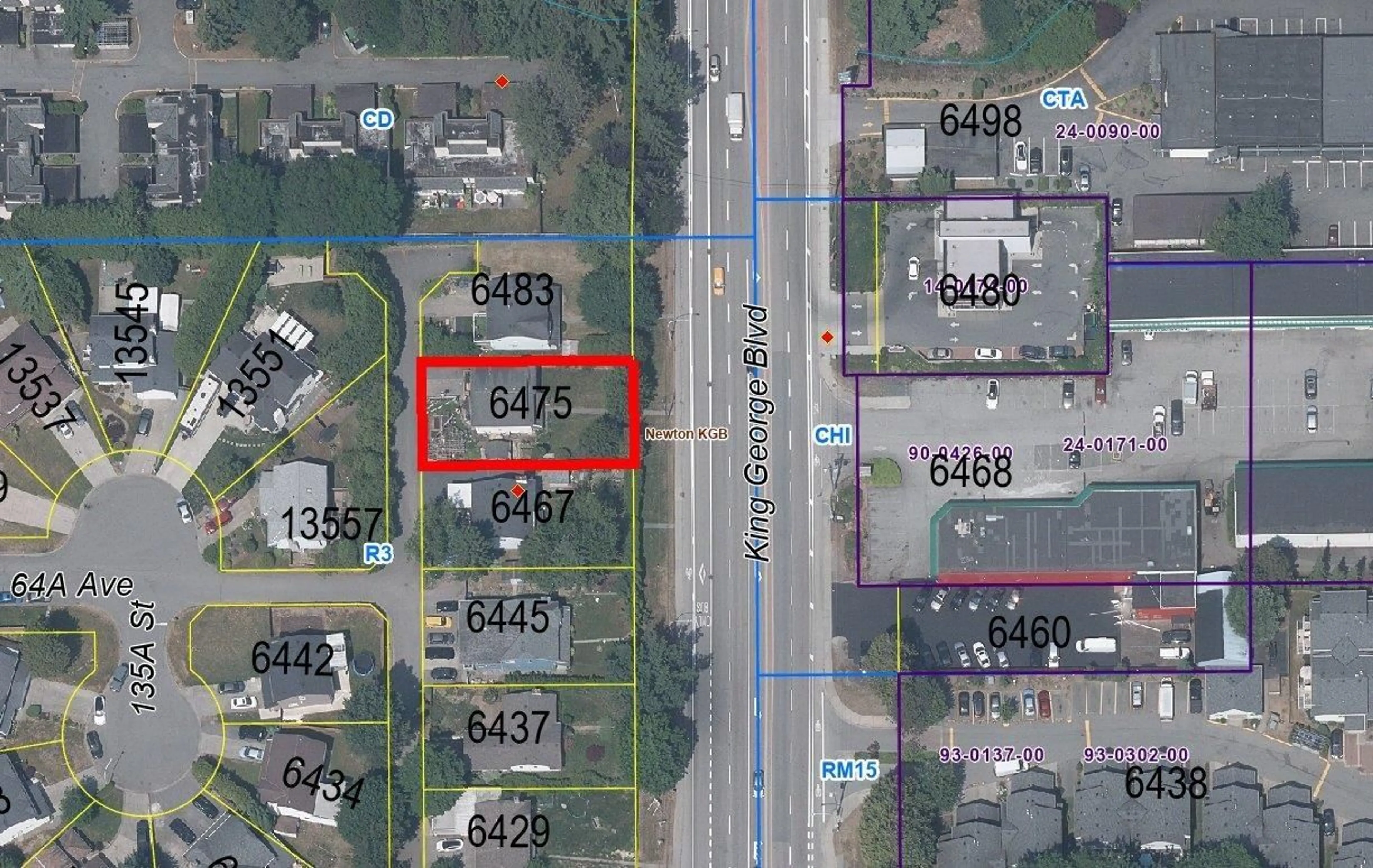 A pic from outside/outdoor area/front of a property/back of a property/a pic from drone, street for 6475 KING GEORGE, Surrey British Columbia V3W4Z4
