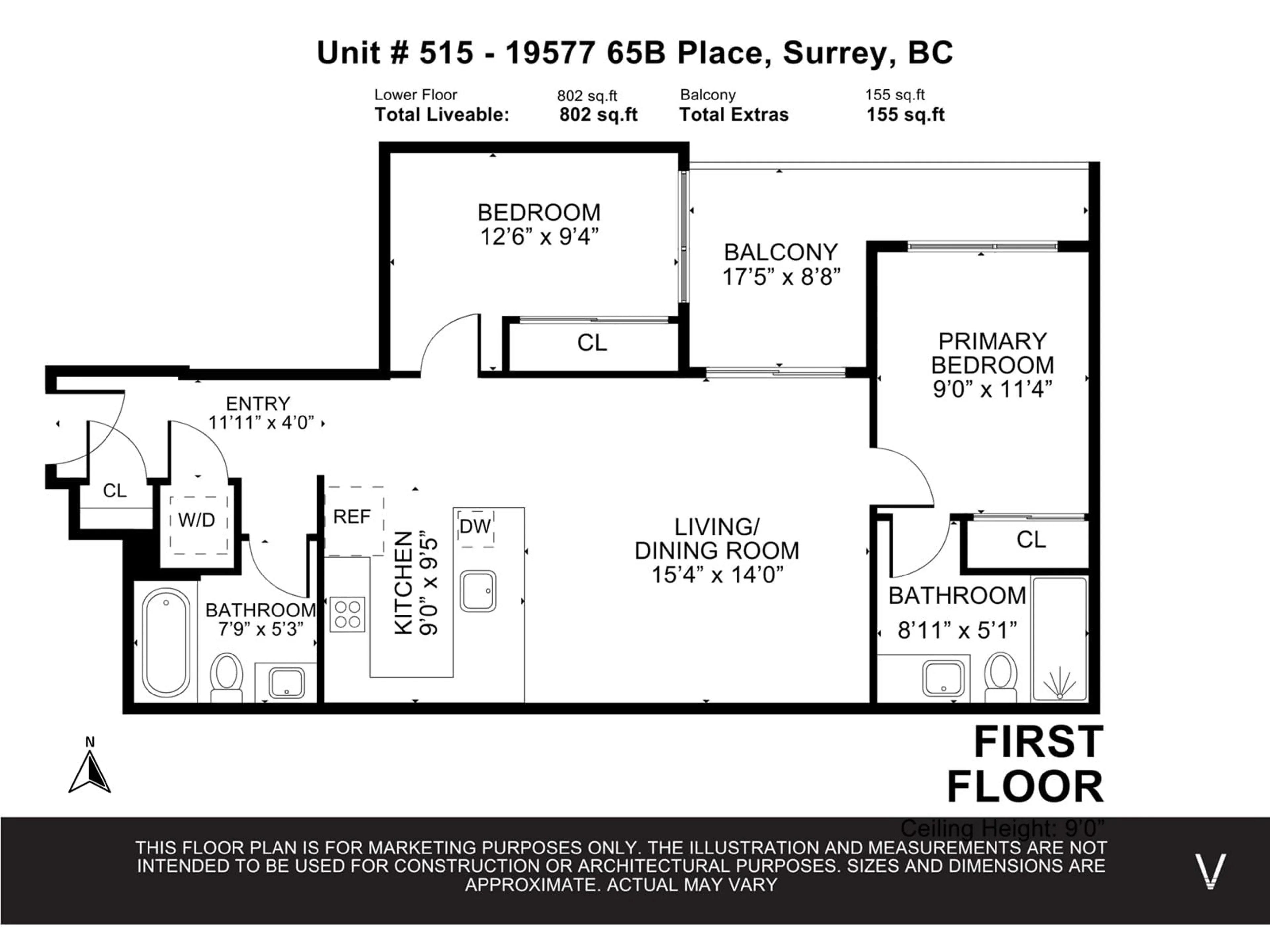 Floor plan for 515 - 19577 65B, Surrey British Columbia V4N6Y3