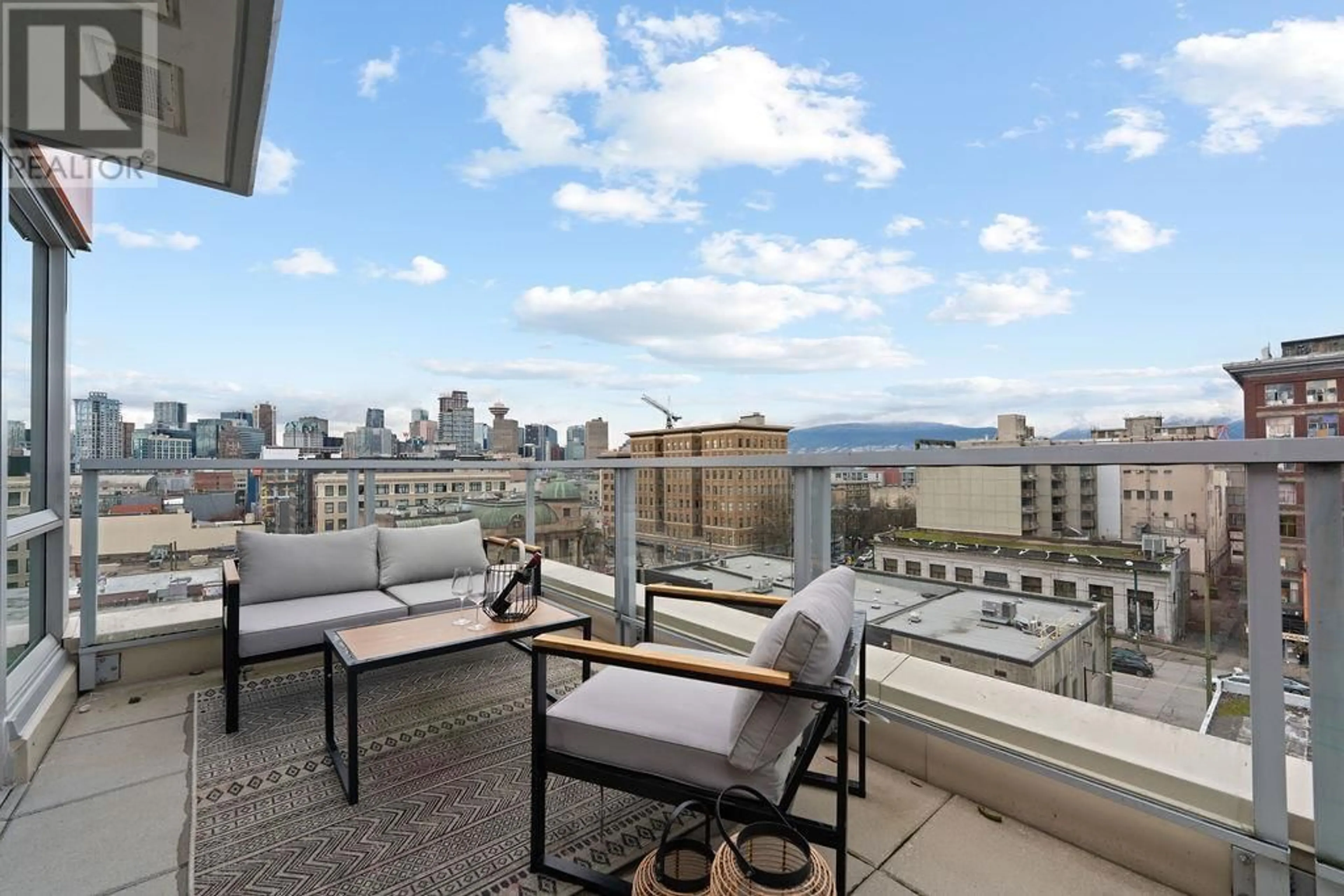 Patio, city buildings view from balcony for 807 - 231 EAST PENDER STREET, Vancouver British Columbia V6A0G3