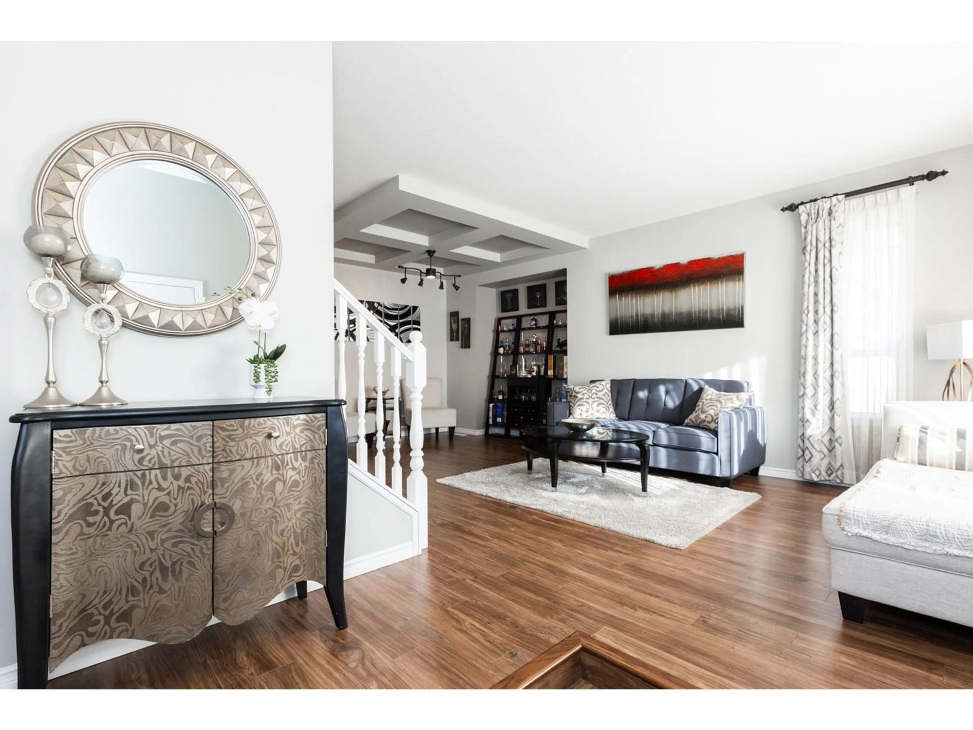 Living room with furniture, wood/laminate floor for 13559 62B, Surrey British Columbia V3X3R8
