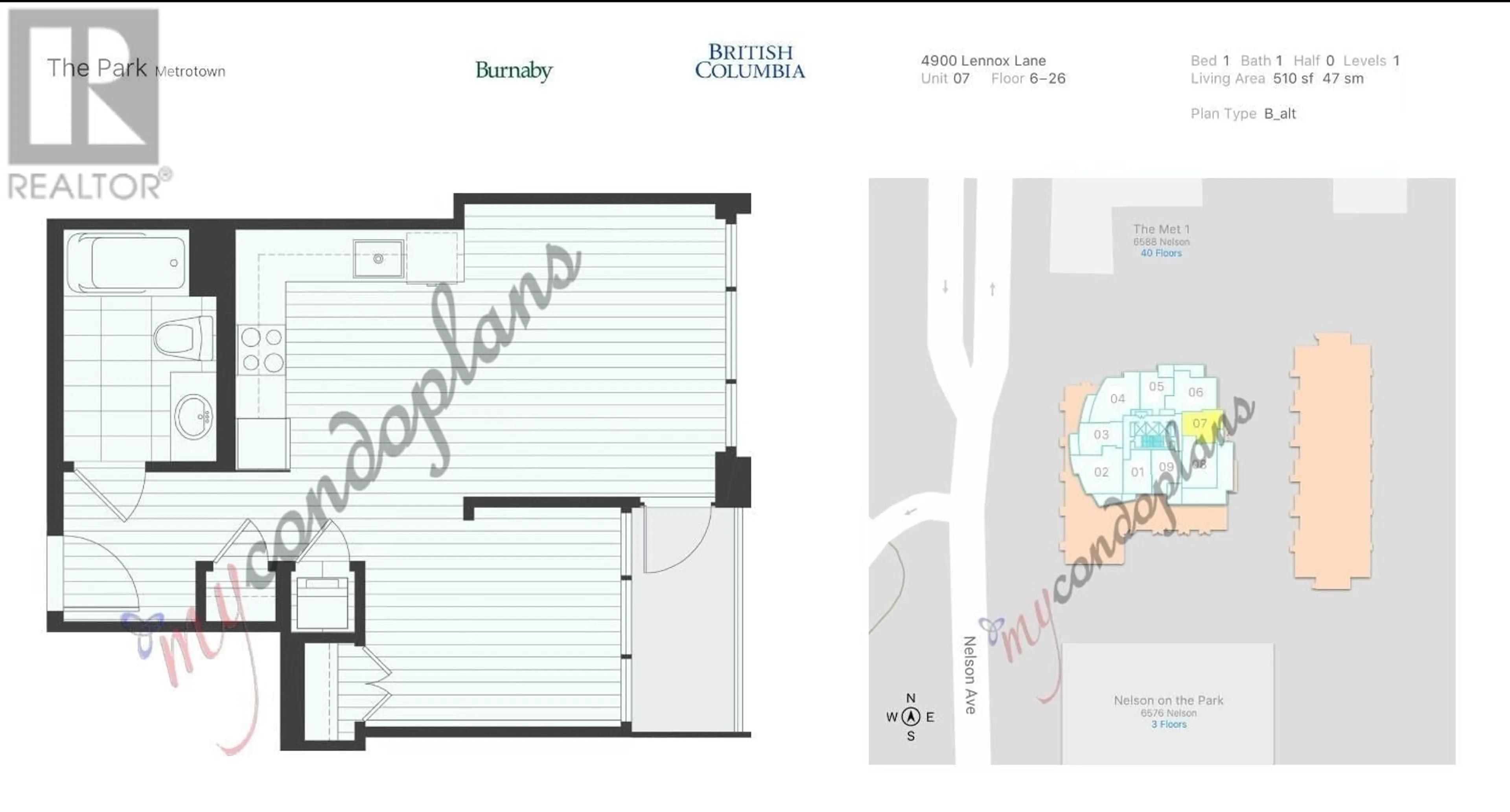 Floor plan for 1107 - 4900 LENNOX LANE, Burnaby British Columbia V5G0G9