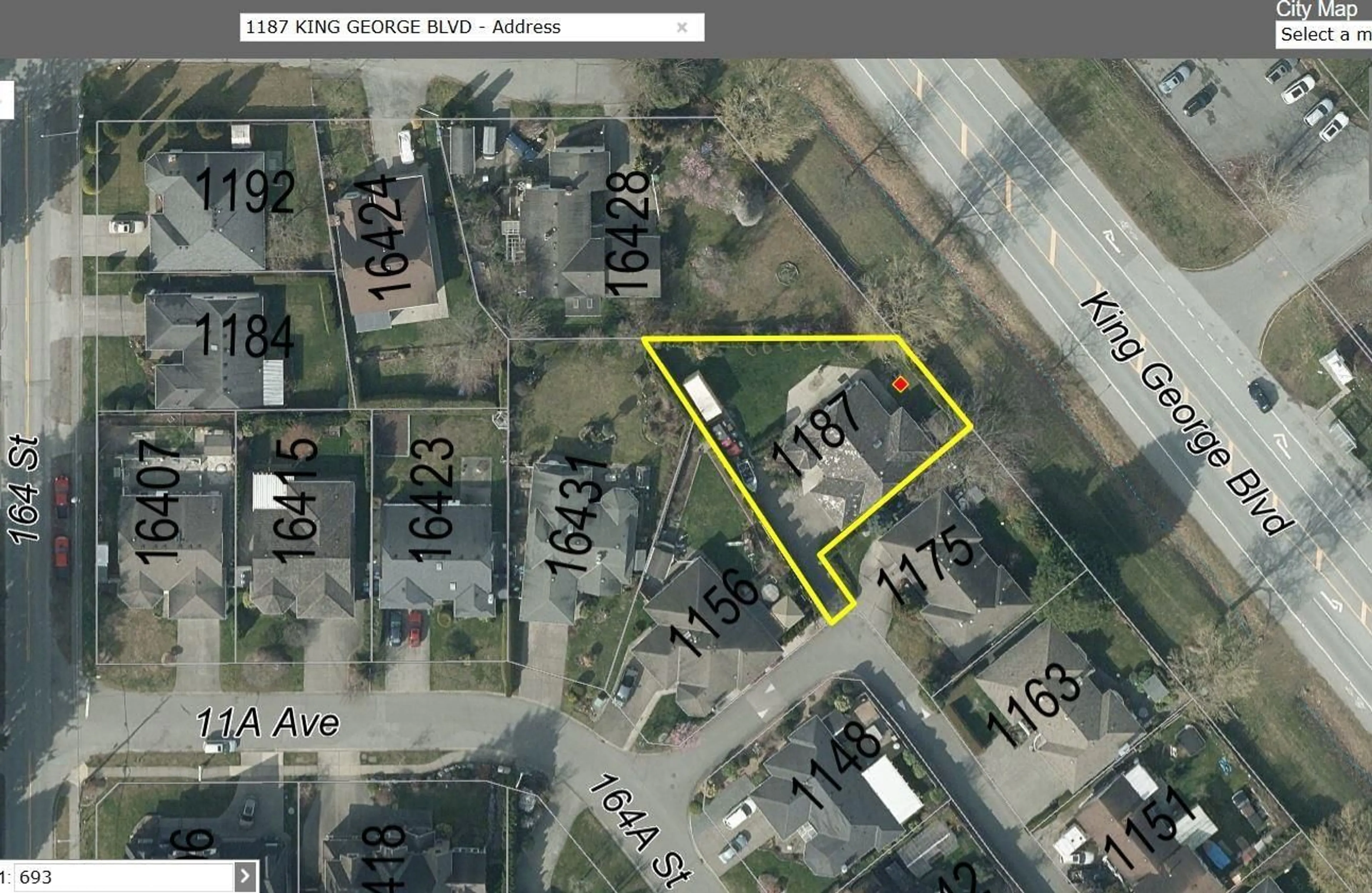 A pic from outside/outdoor area/front of a property/back of a property/a pic from drone, street for 1187 KING GEORGE, Surrey British Columbia V4A4Z1