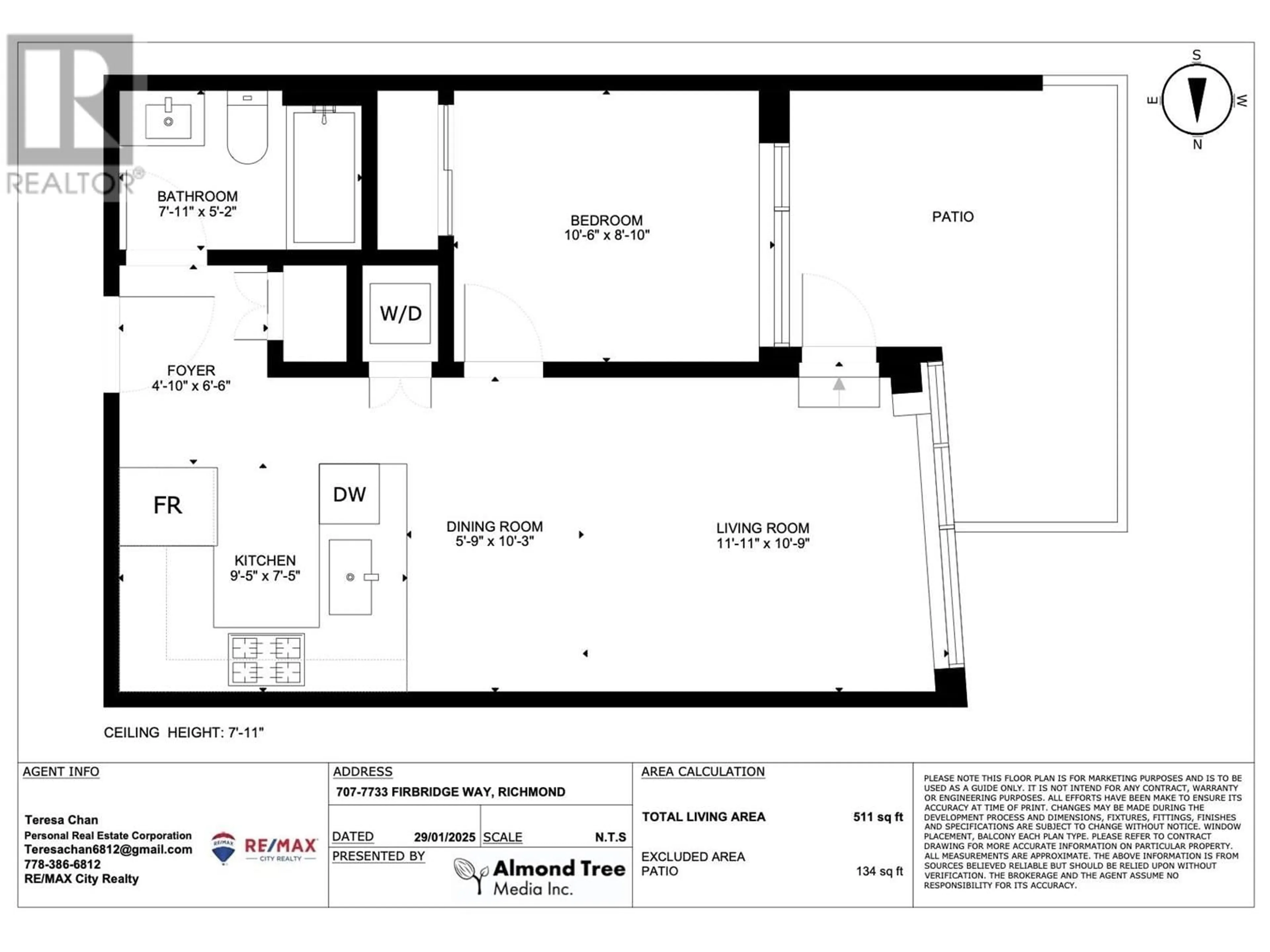 Floor plan for 707 - 7733 FIRBRIDGE WAY, Richmond British Columbia V6X0M7