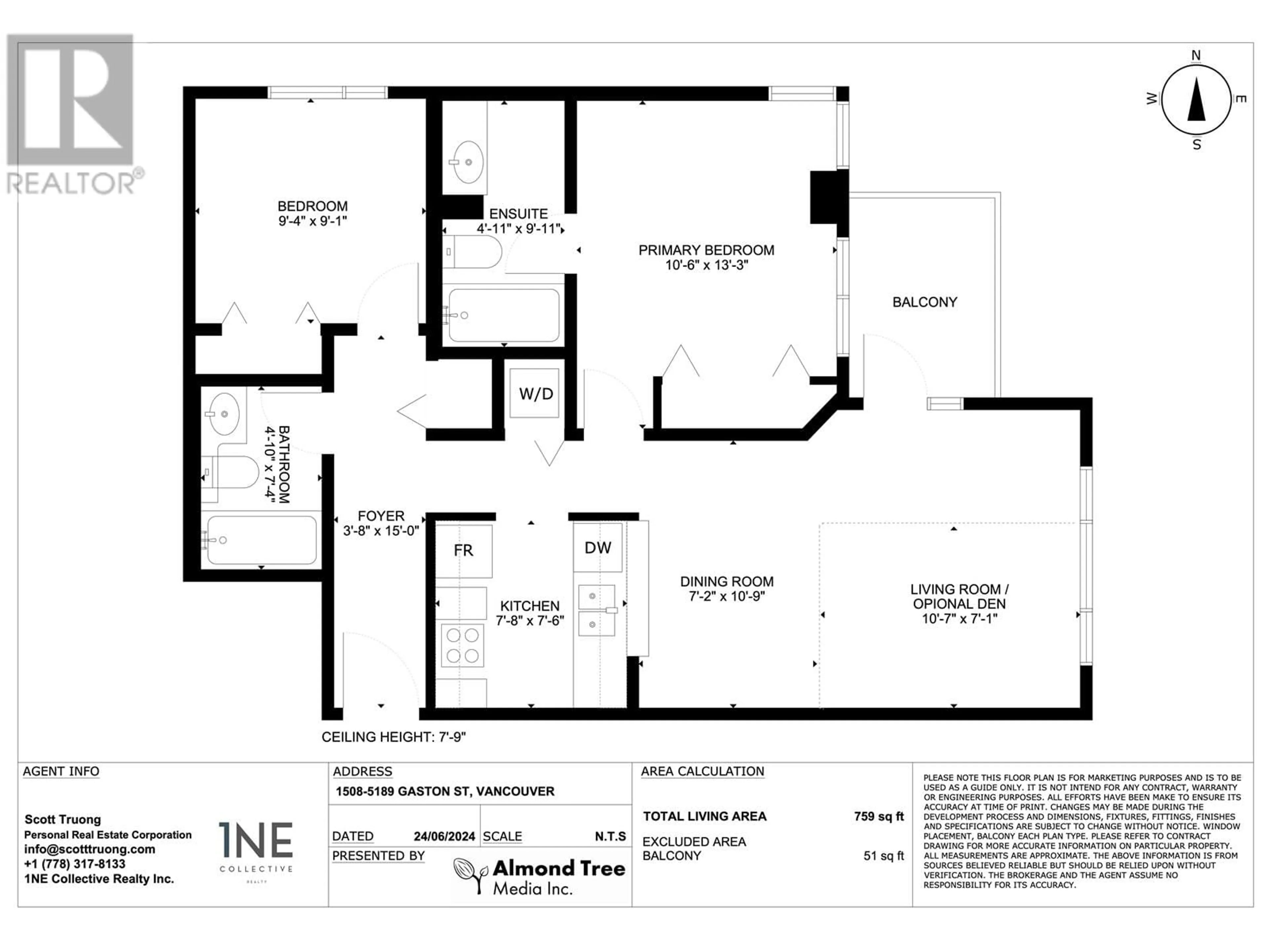 Floor plan for 1508 - 5189 GASTON STREET, Vancouver British Columbia V5R6C7