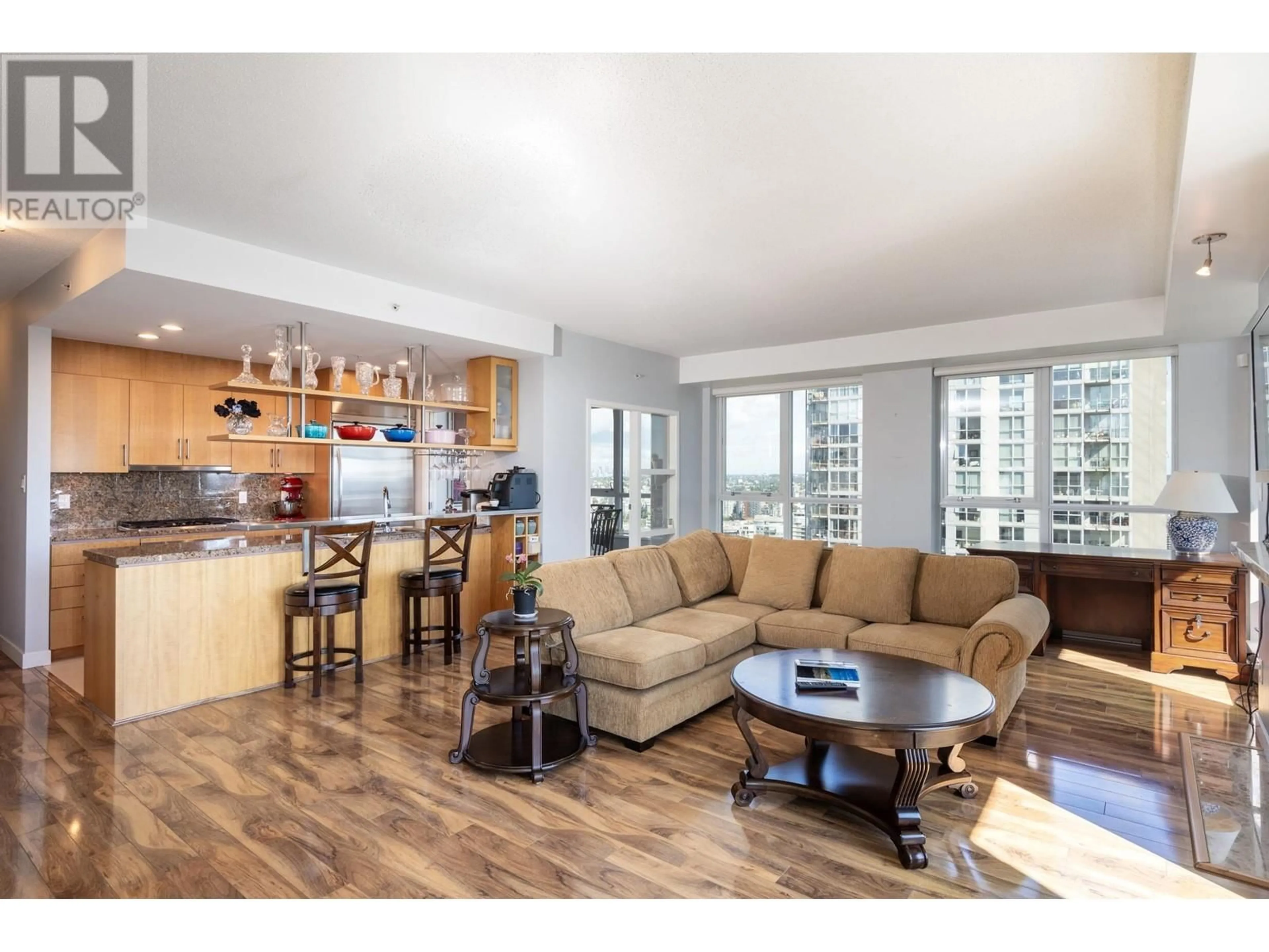 Open concept kitchen, wood/laminate floor for 3601 - 1438 RICHARDS STREET, Vancouver British Columbia V6Z3B8