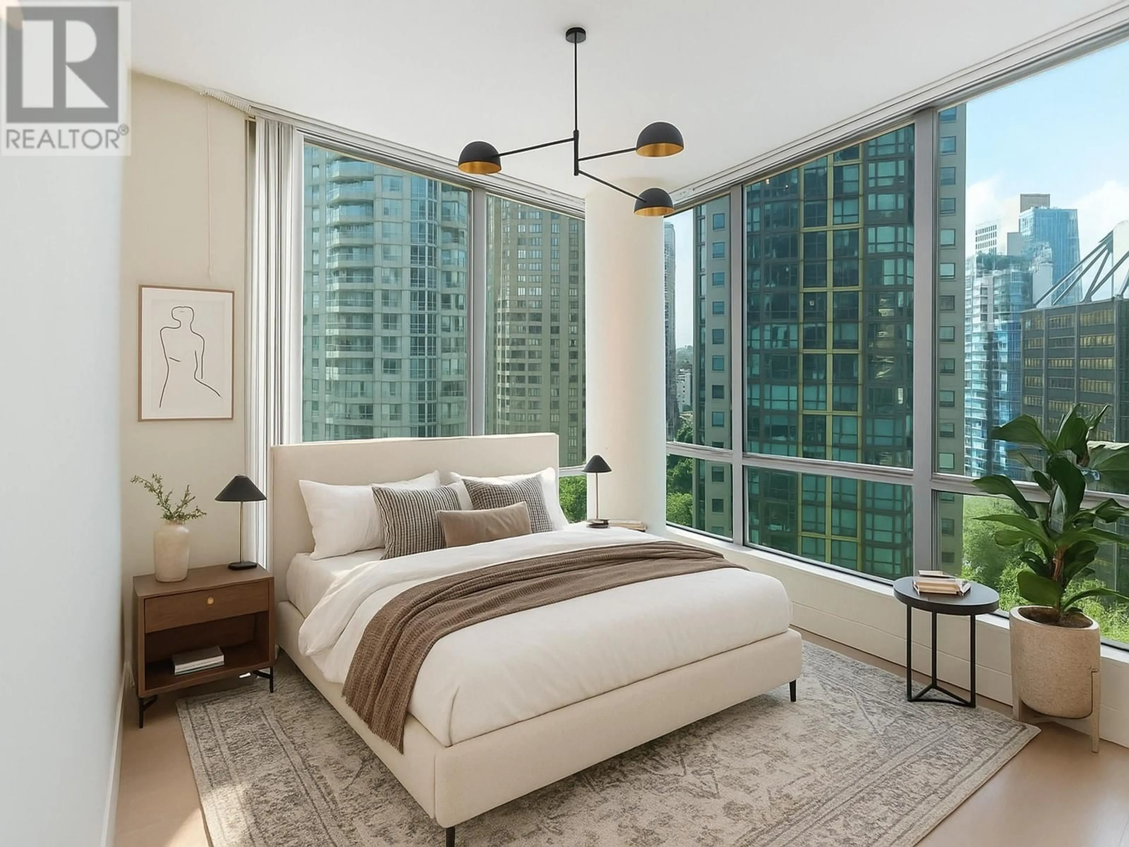 Bedroom with bed, carpet floor for 1408 - 1288 GEORGIA STREET, Vancouver British Columbia V6E4R3