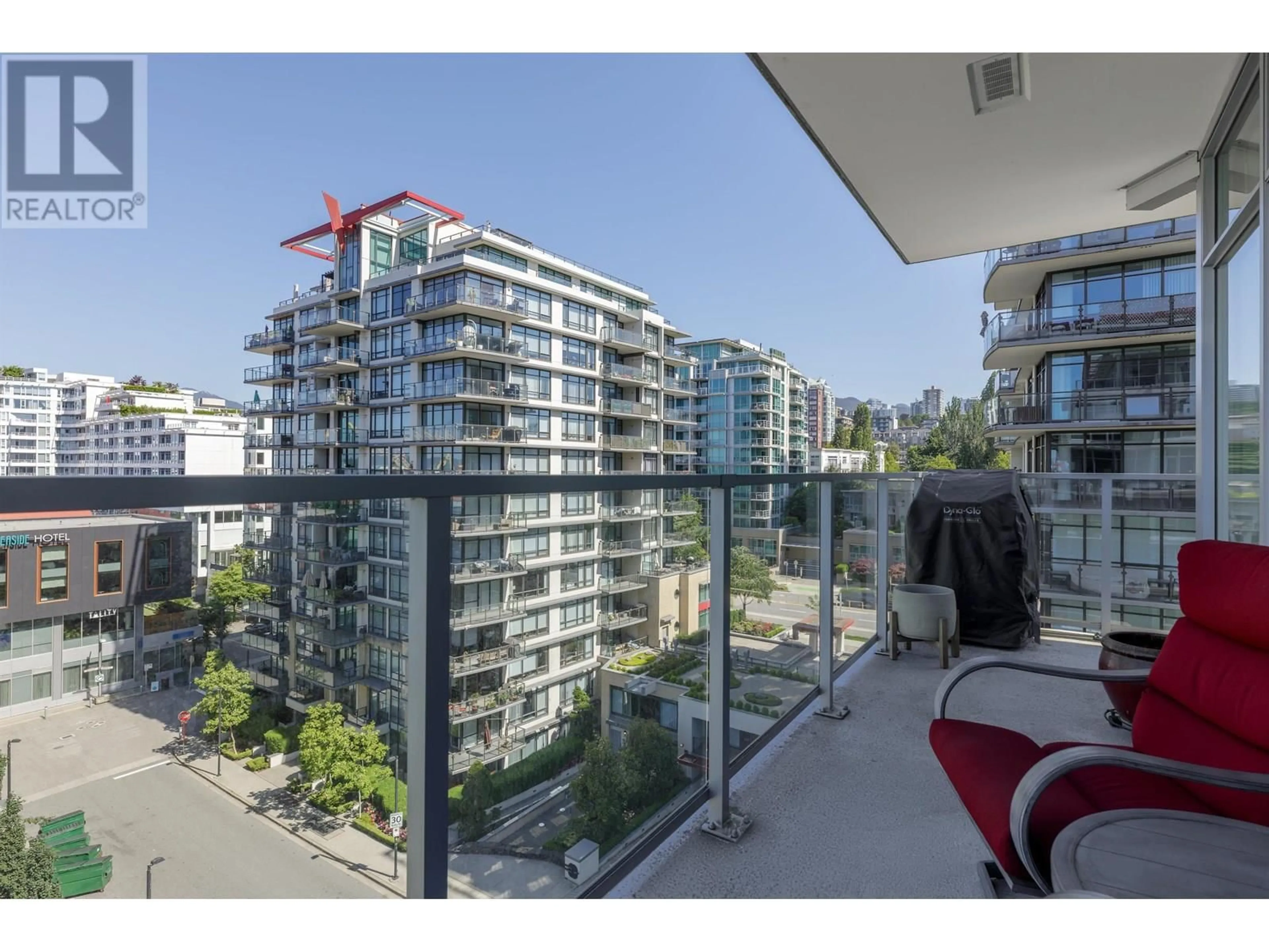 Balcony in the apartment, city buildings view from balcony for 708 - 185 VICTORY SHIP WAY, North Vancouver British Columbia V7L0G2