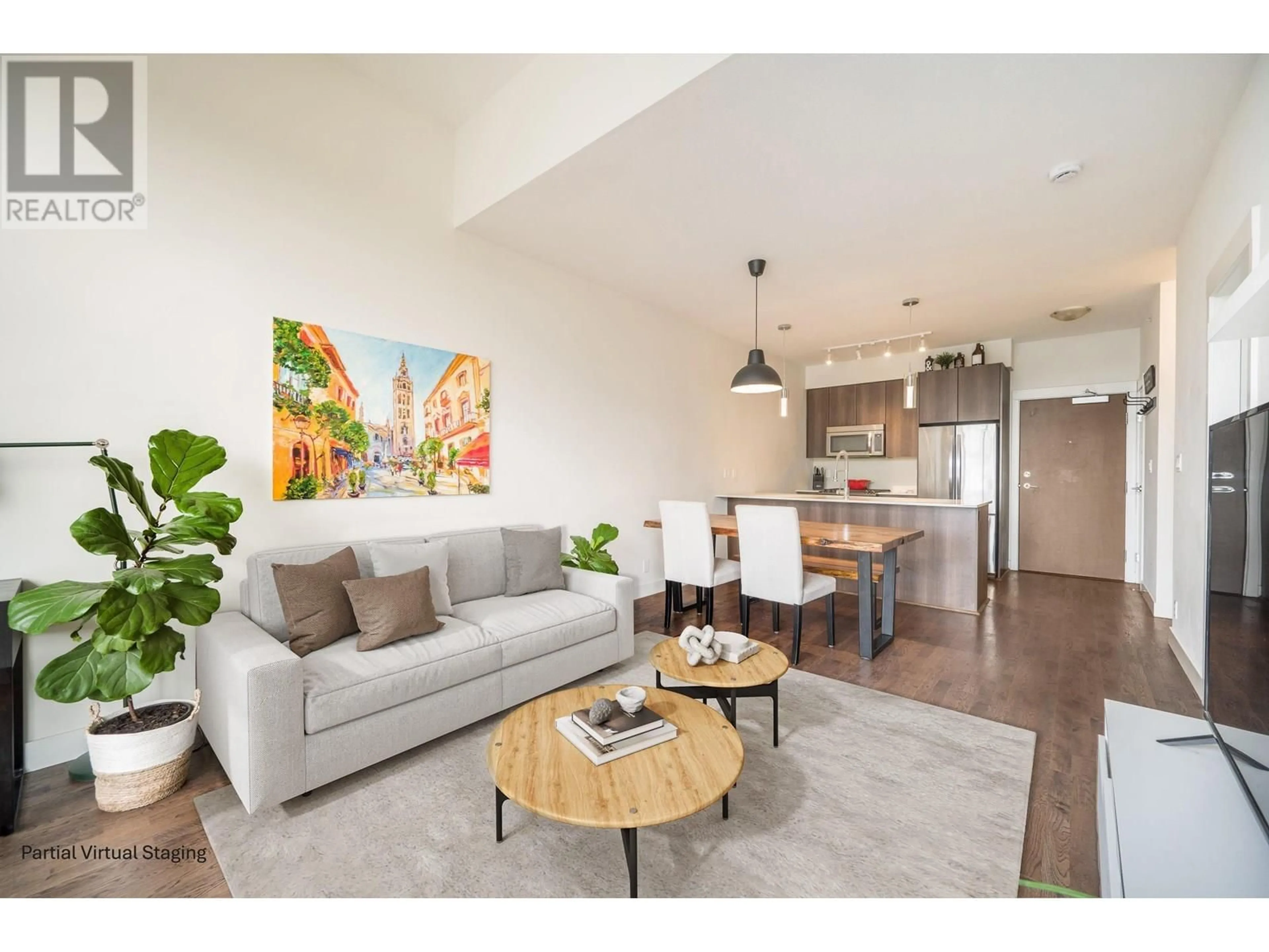 Living room with furniture, wood/laminate floor for 406 - 7088 14TH AVENUE, Burnaby British Columbia V3N0E7