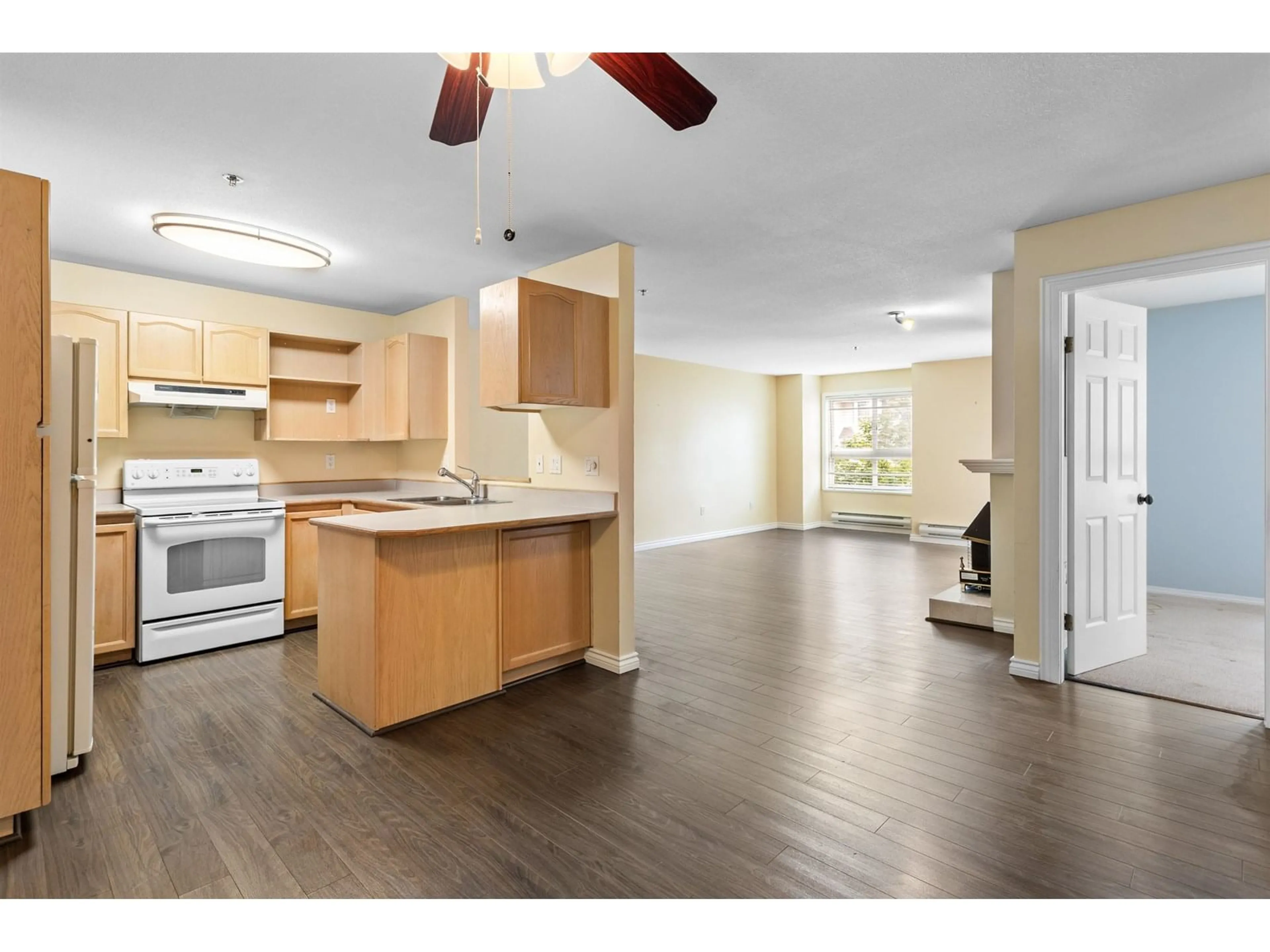 Open concept kitchen, wood/laminate floor for 315 - 19721 64, Langley British Columbia V2Y1L1