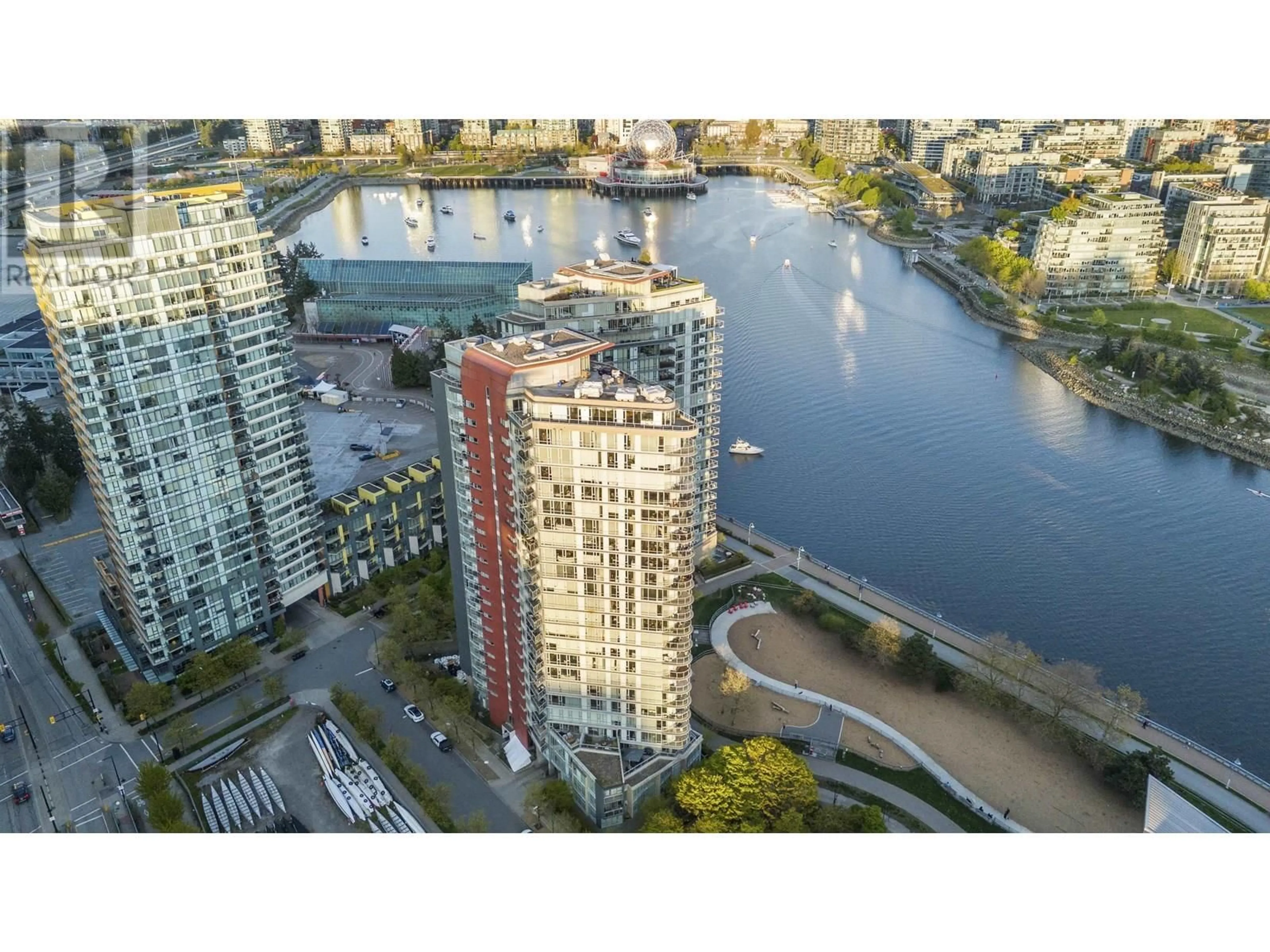 A pic from outside/outdoor area/front of a property/back of a property/a pic from drone, city buildings view from balcony for 2207 - 918 COOPERAGE WAY, Vancouver British Columbia V6B0A7