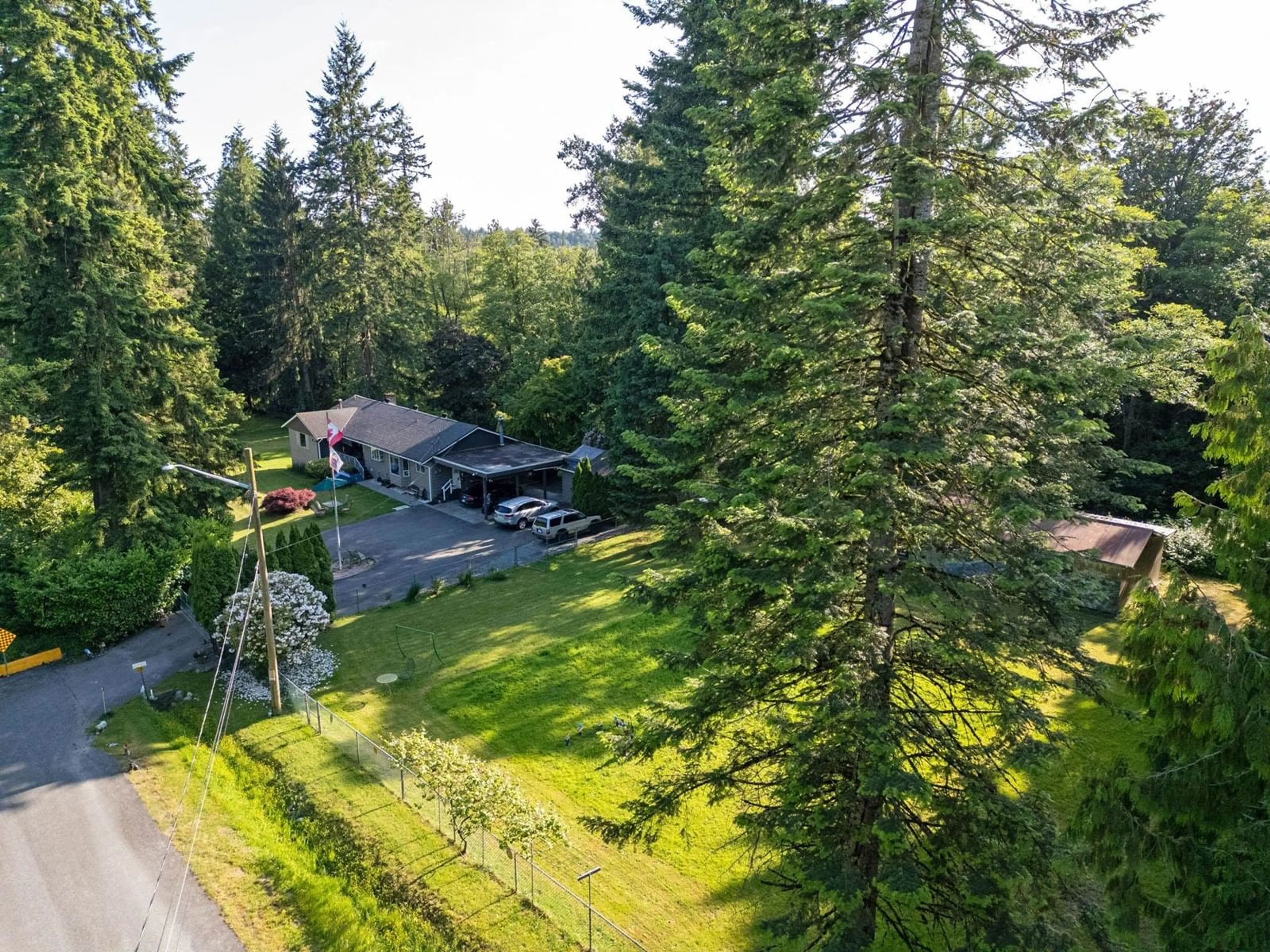 A pic from outside/outdoor area/front of a property/back of a property/a pic from drone, forest/trees view for 8281 148, Surrey British Columbia V3S3G2